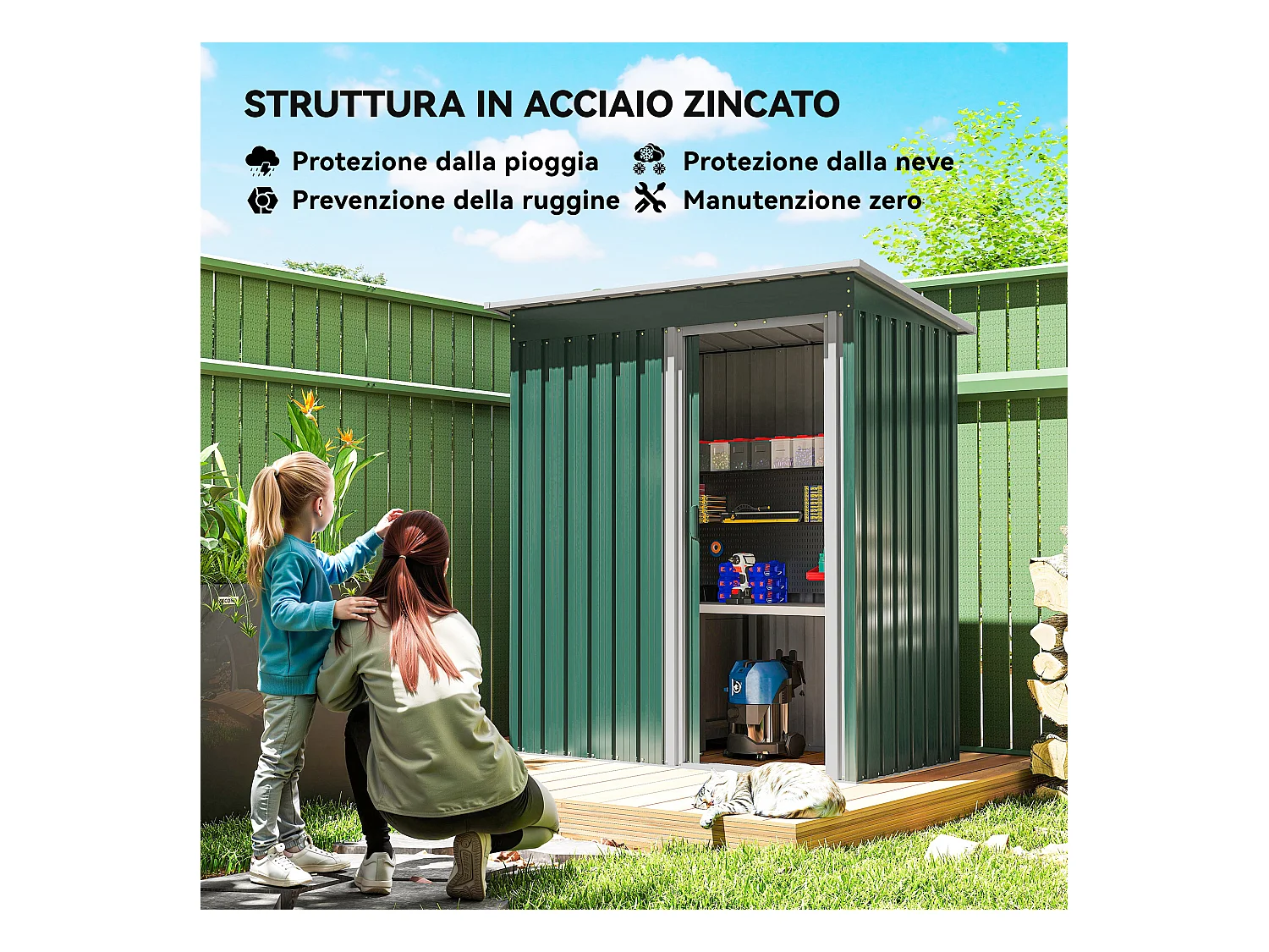 Capanno attrezzi con tetto inclinato e porta scorrevole acciaio verde