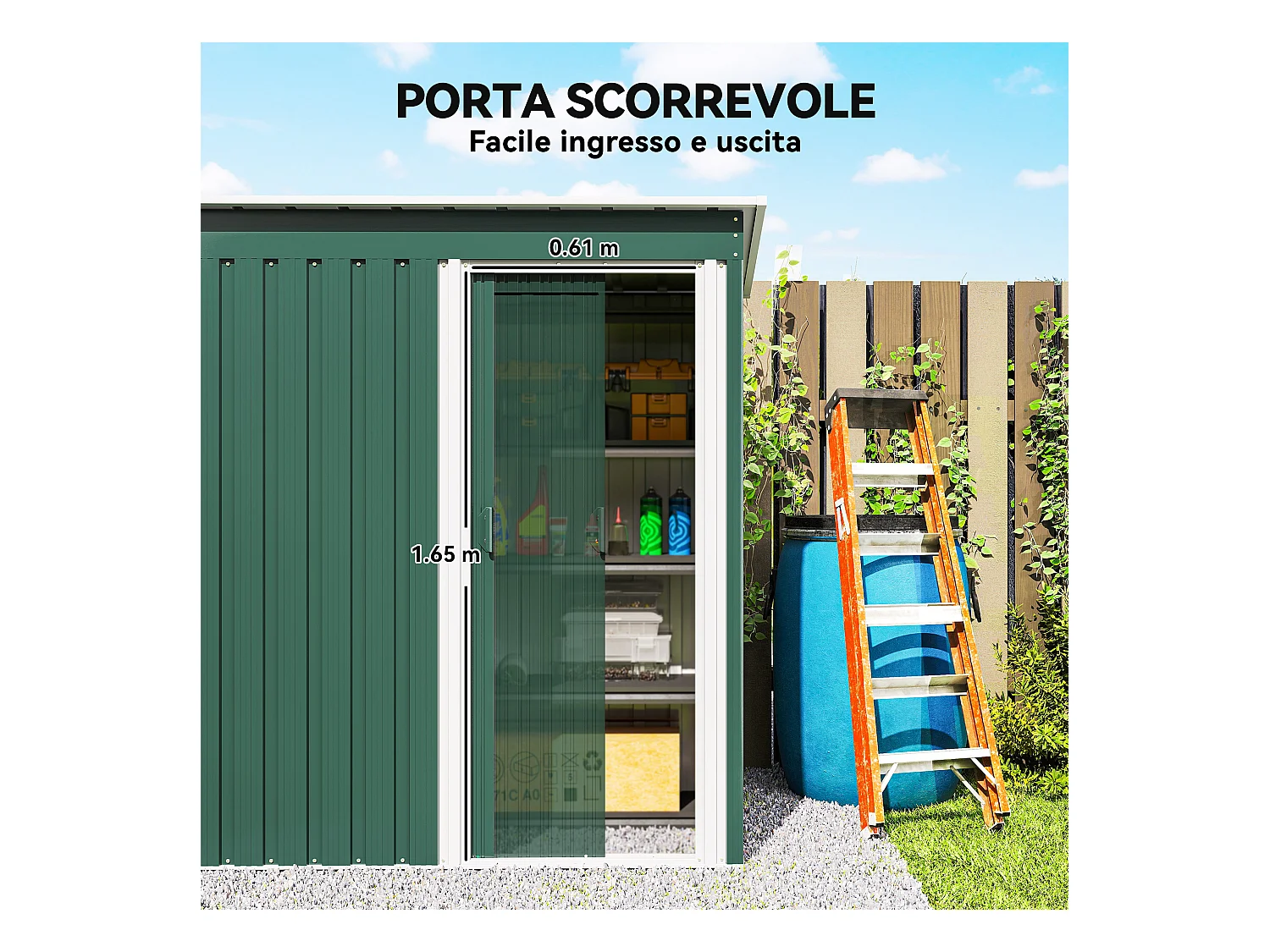 Capanno attrezzi con tetto inclinato e porta scorrevole acciaio verde