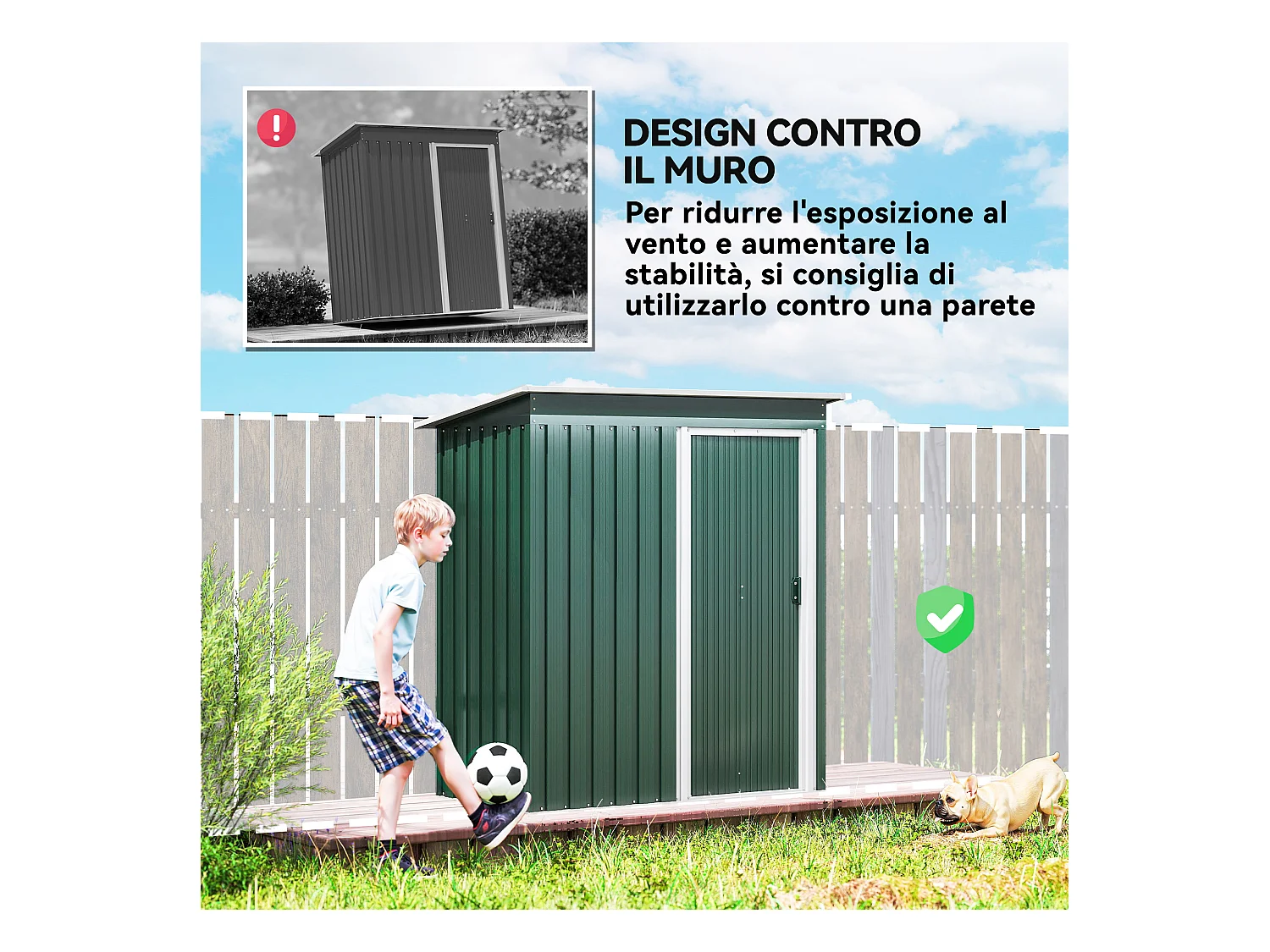 Capanno attrezzi con tetto inclinato e porta scorrevole acciaio verde