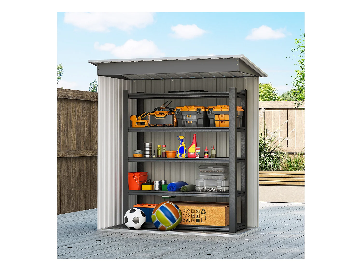 Capanno attrezzi con tetto inclinato e porta scorrevole acciaio verde