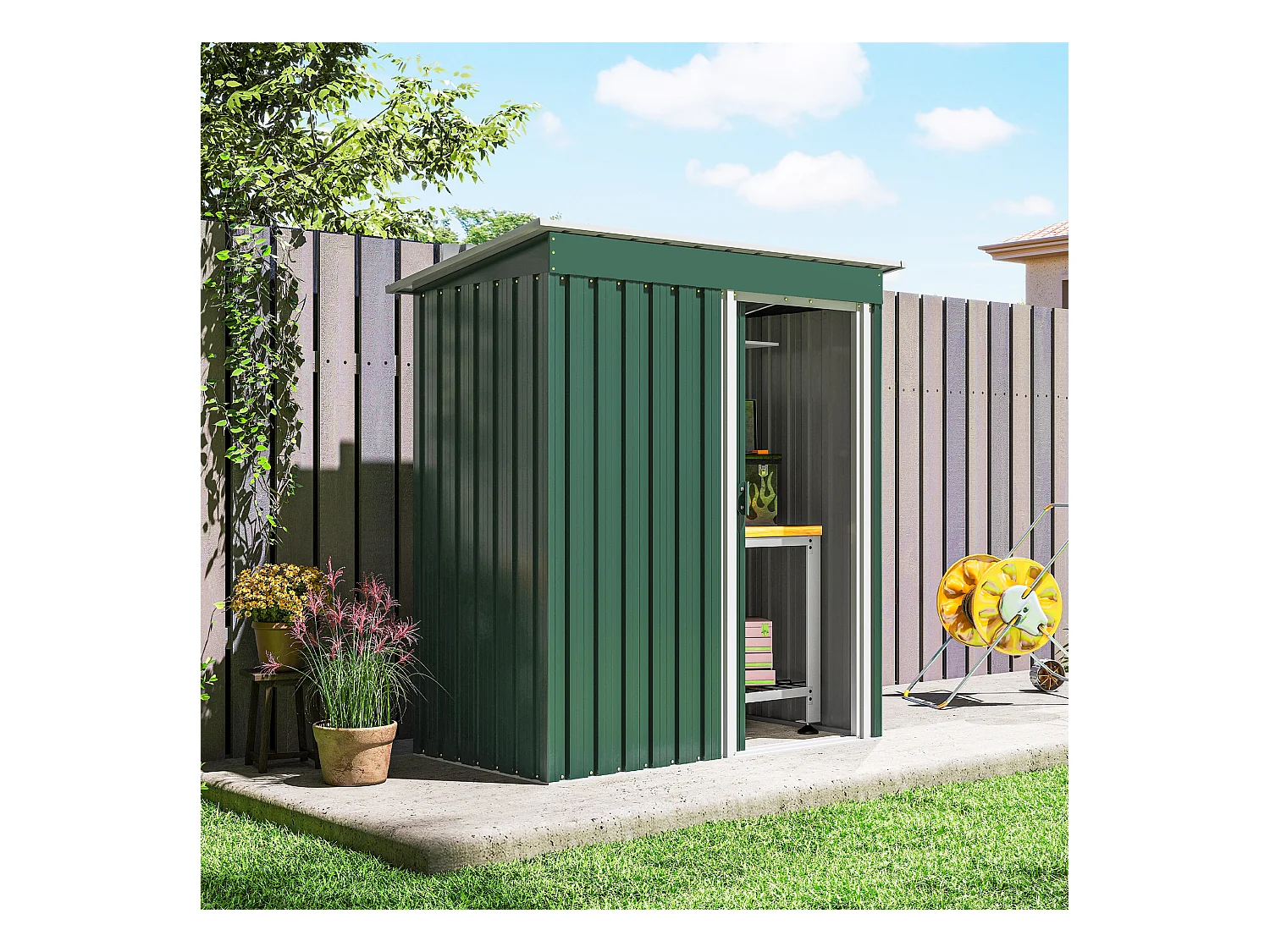 Capanno attrezzi con tetto inclinato e porta scorrevole acciaio verde
