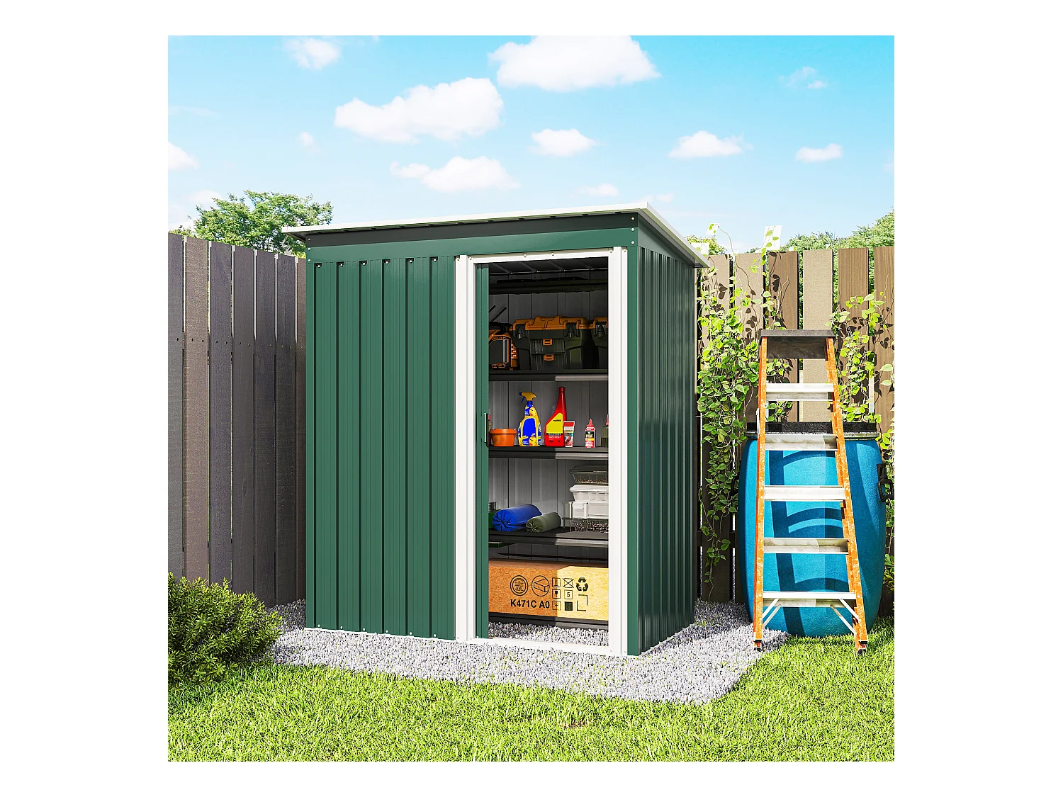 Capanno attrezzi con tetto inclinato e porta scorrevole acciaio verde