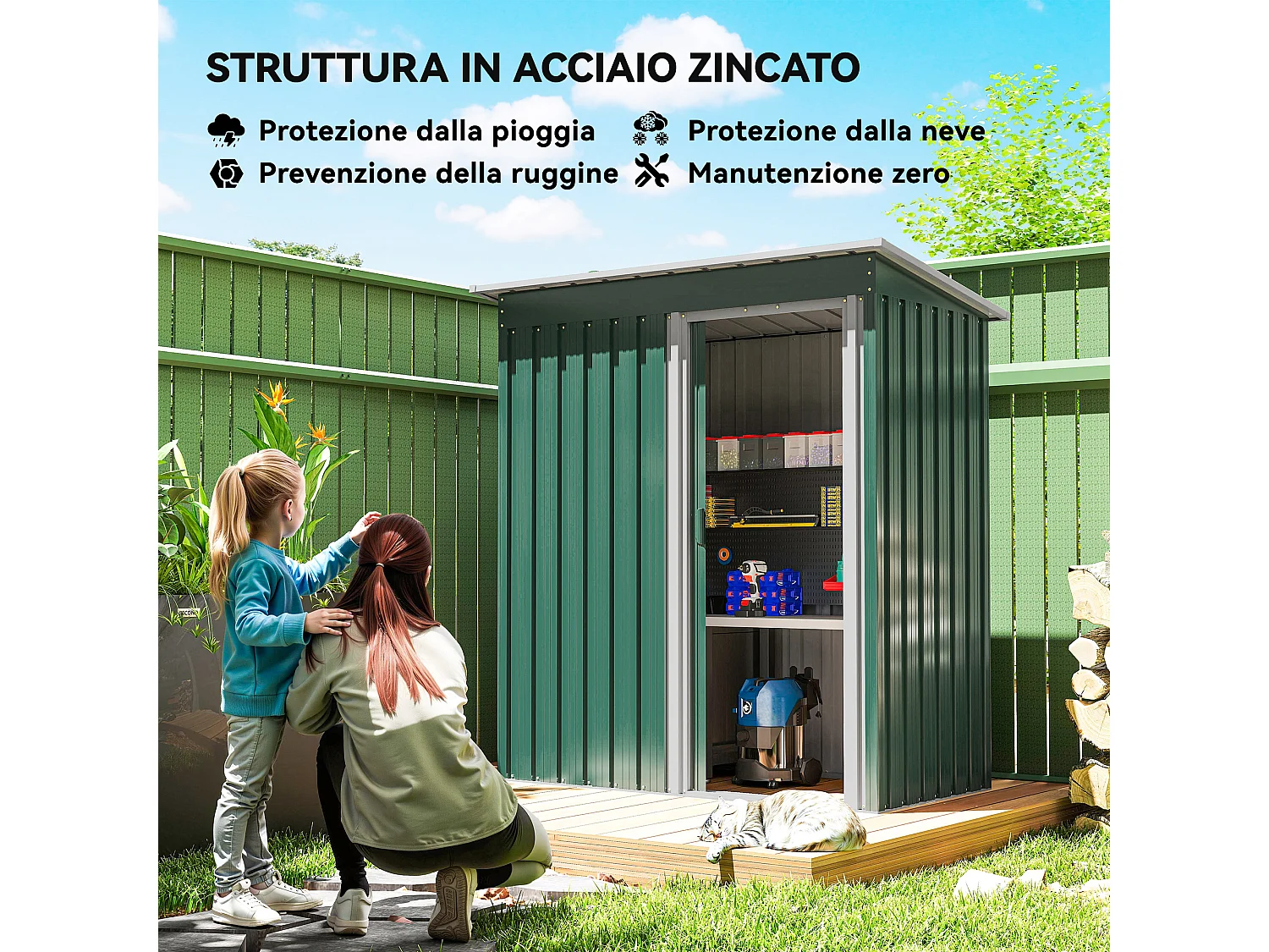 Capanno attrezzi con tetto inclinato e porta scorrevole acciaio verde