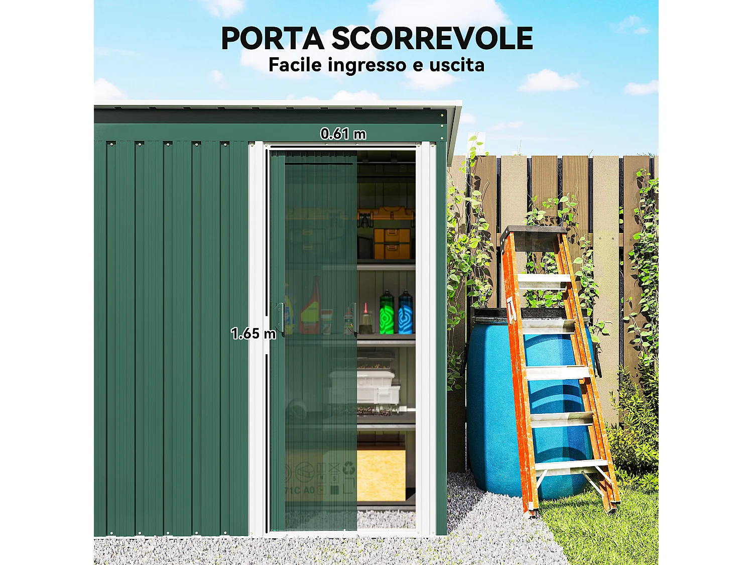 Capanno attrezzi con tetto inclinato e porta scorrevole acciaio verde
