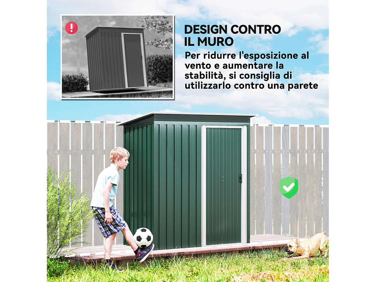 Capanno attrezzi con tetto inclinato e porta scorrevole acciaio verde