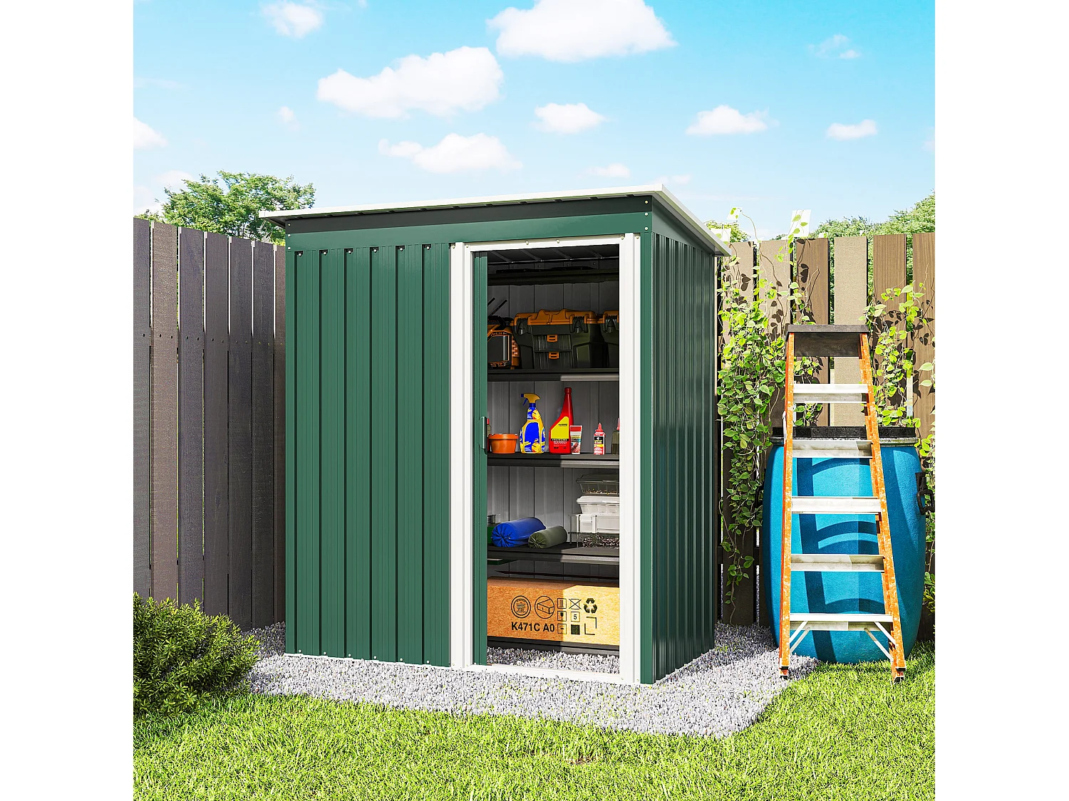 Capanno attrezzi con tetto inclinato e porta scorrevole acciaio verde