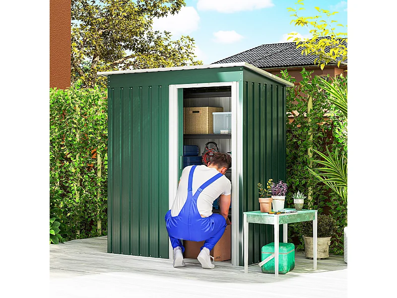 Capanno attrezzi con tetto inclinato e porta scorrevole acciaio verde