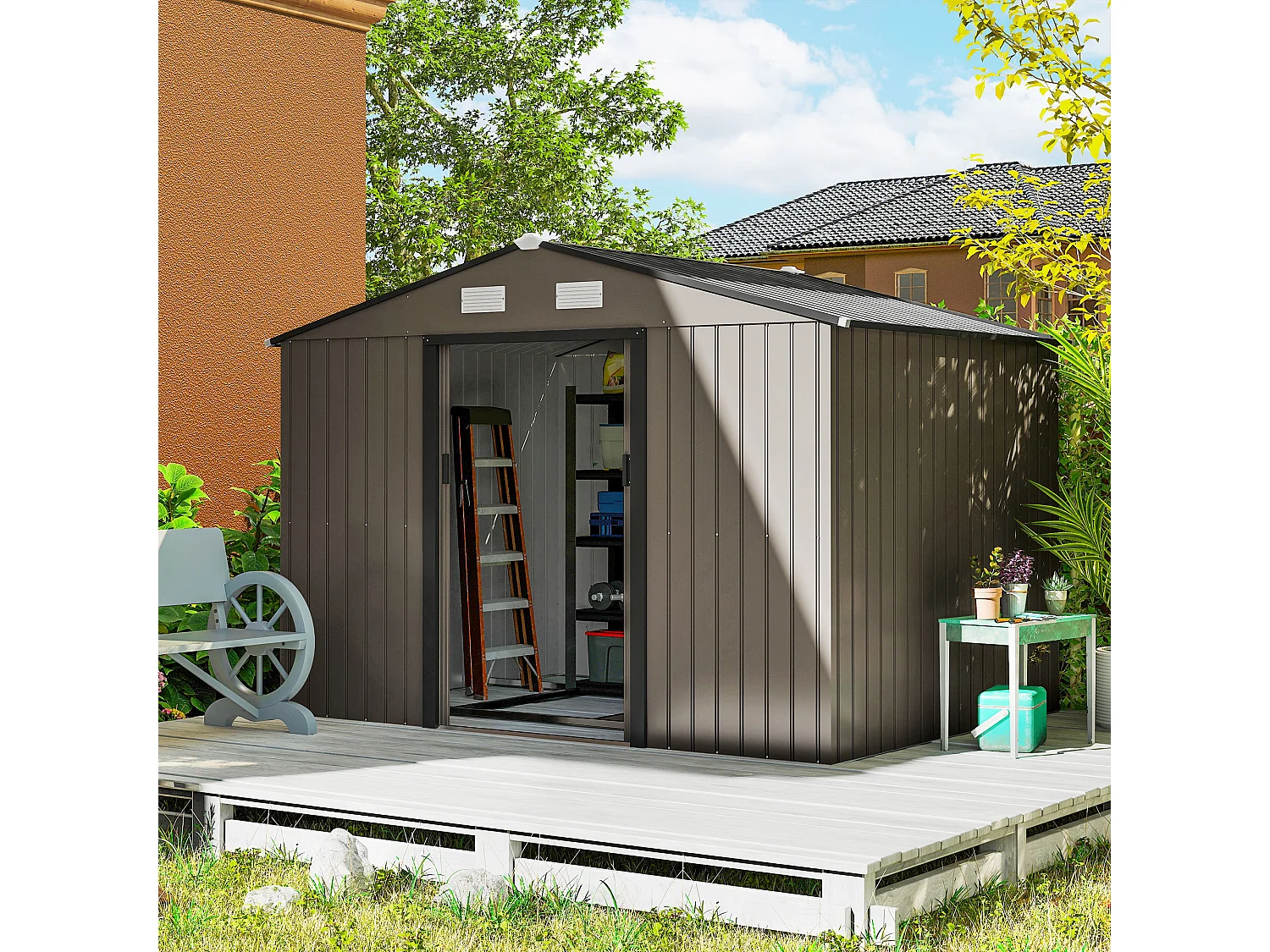 Casetta da giardino in acciaio con 2 porte scorrevoli marrone