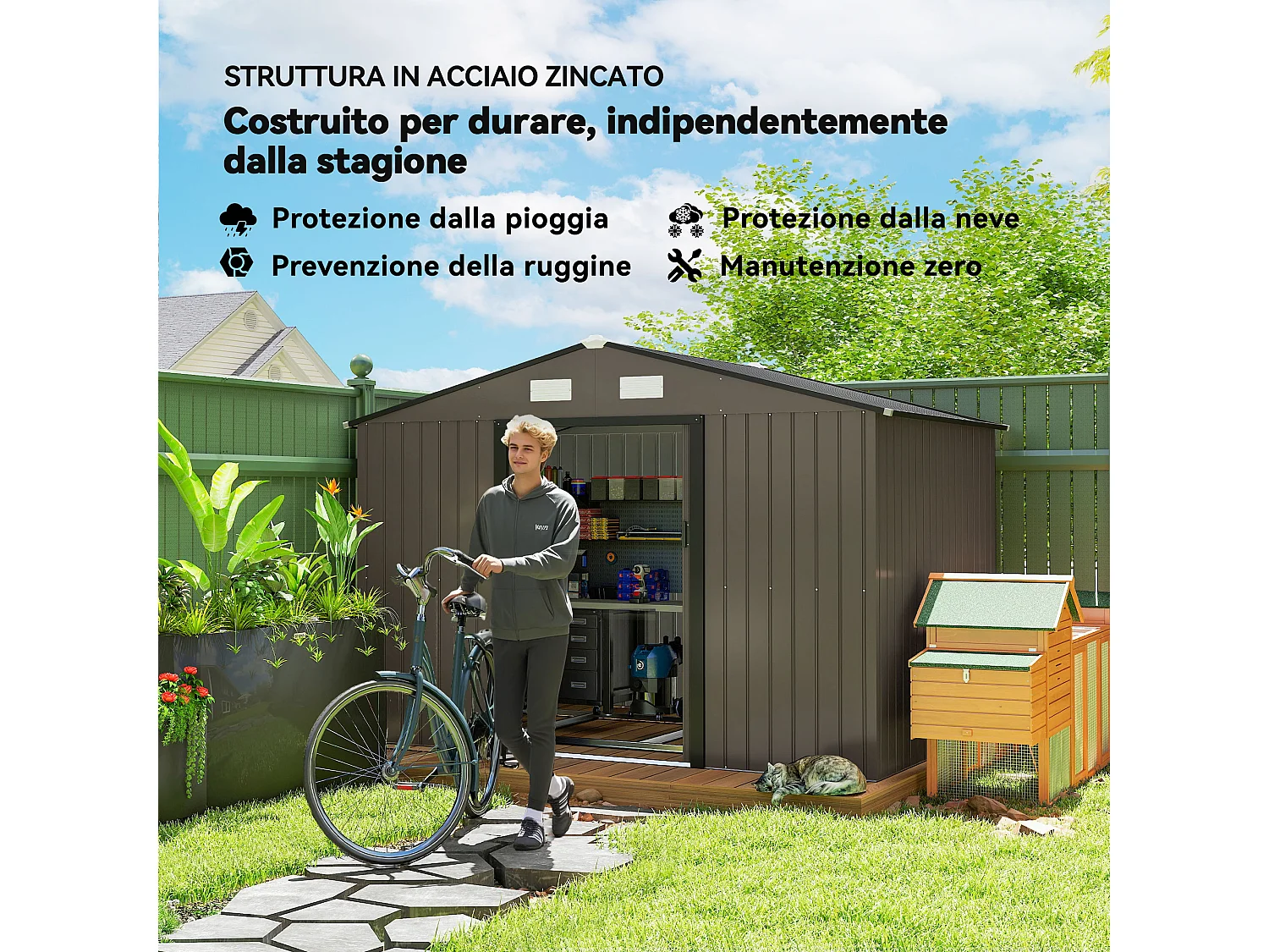 Casetta da giardino in acciaio con 2 porte scorrevoli marrone