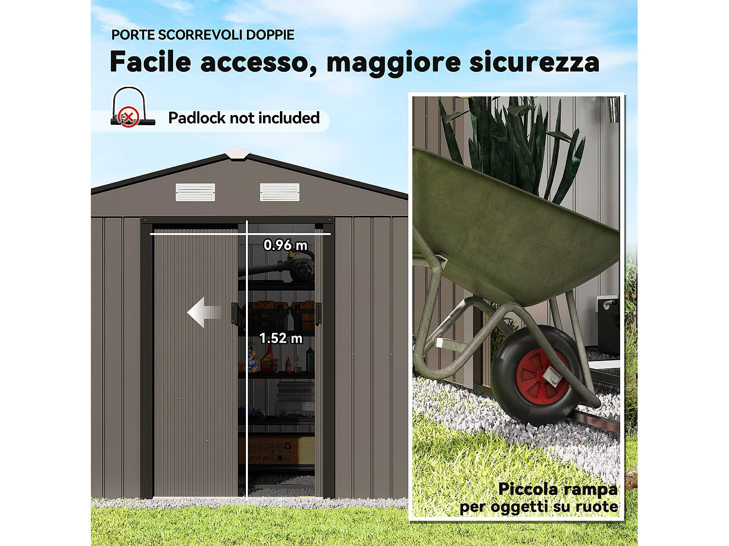 Casetta da giardino in acciaio con 2 porte scorrevoli marrone
