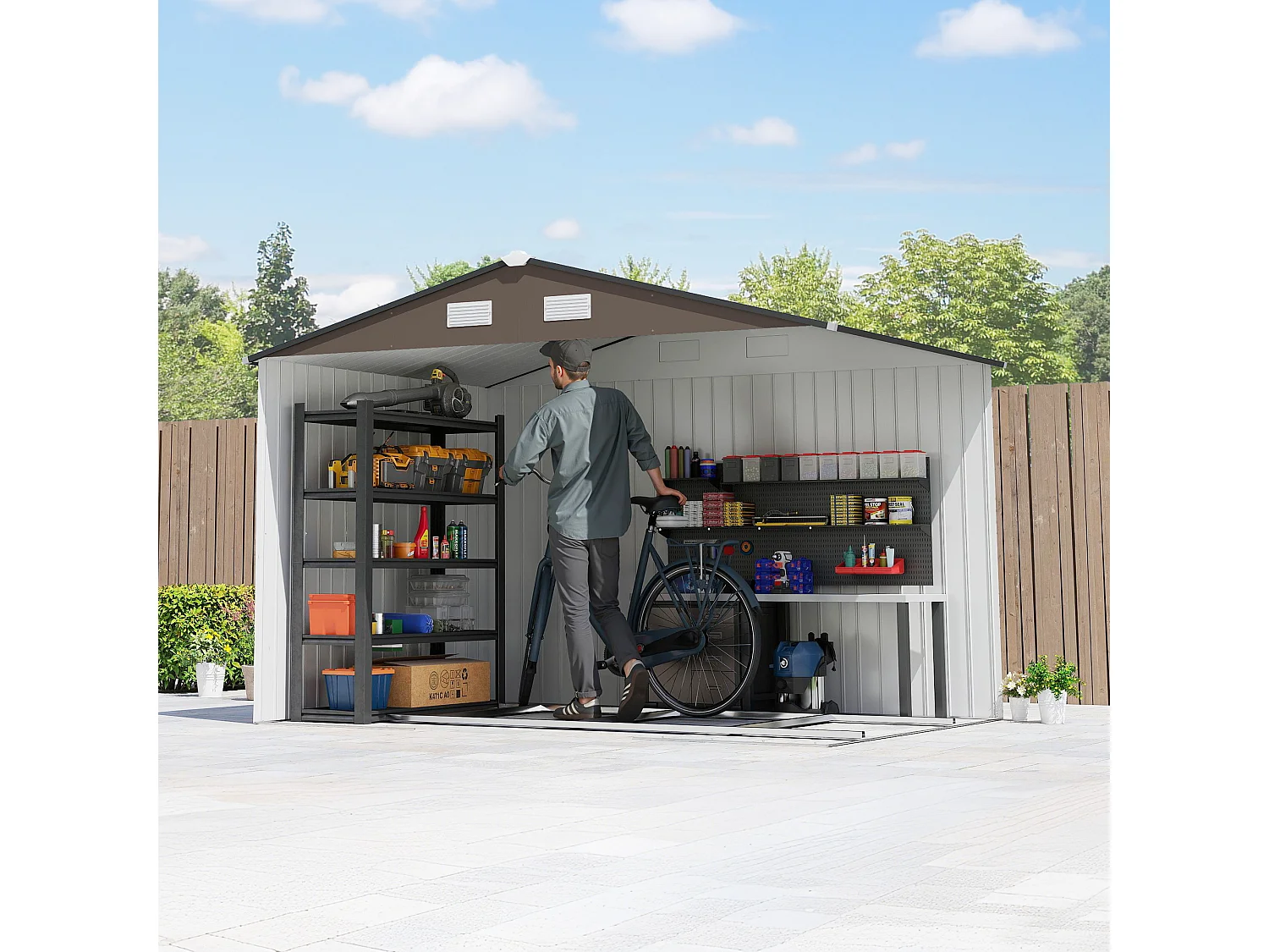 Casetta da giardino in acciaio con 2 porte scorrevoli marrone