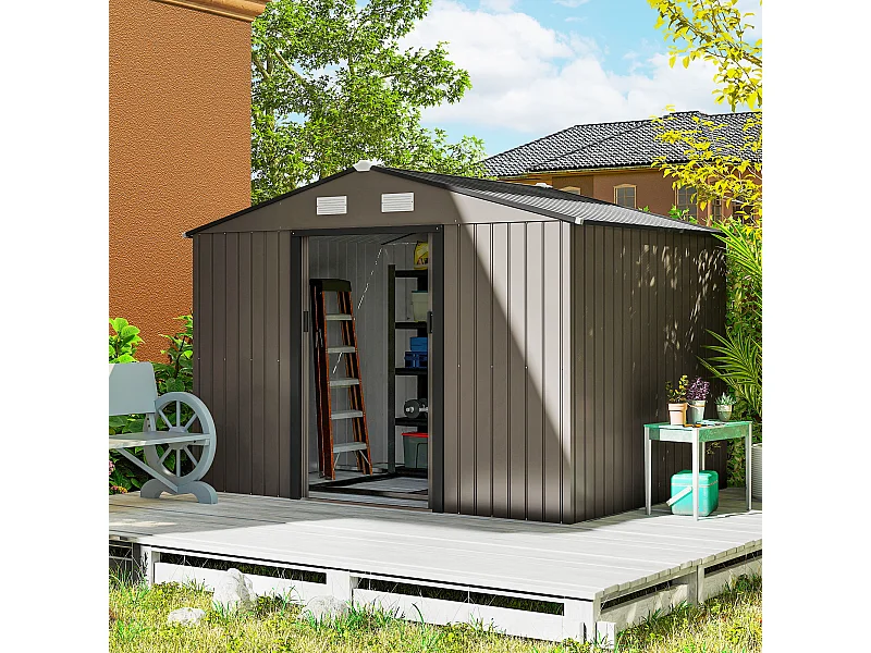 Casetta da giardino in acciaio con 2 porte scorrevoli marrone