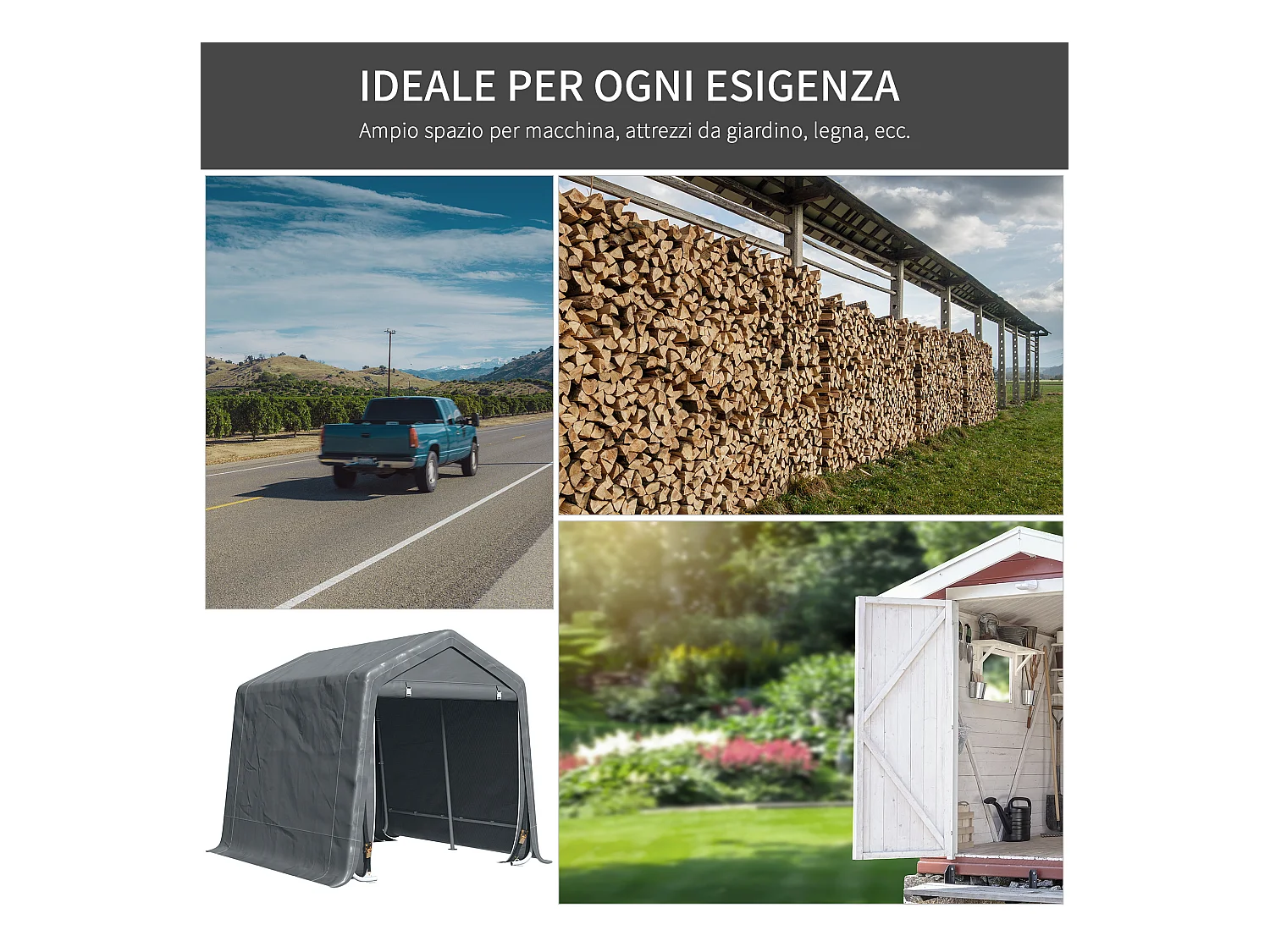 Tenda garage 2.4x2 m per veicoli e bici in metallo e pe grigio scuro