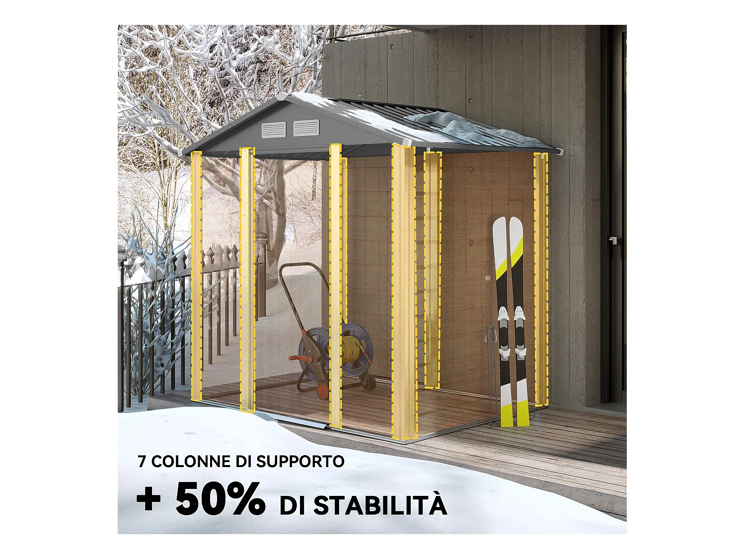 Casetta da giardino in acciaio con base 197x163x178-200cm