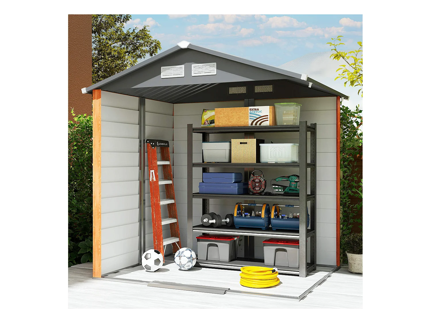 Casetta da giardino in acciaio con base 197x163x178-200cm