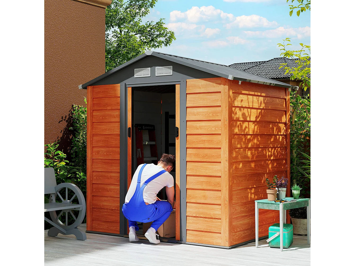 Casetta da giardino in acciaio con base 197x163x178-200cm