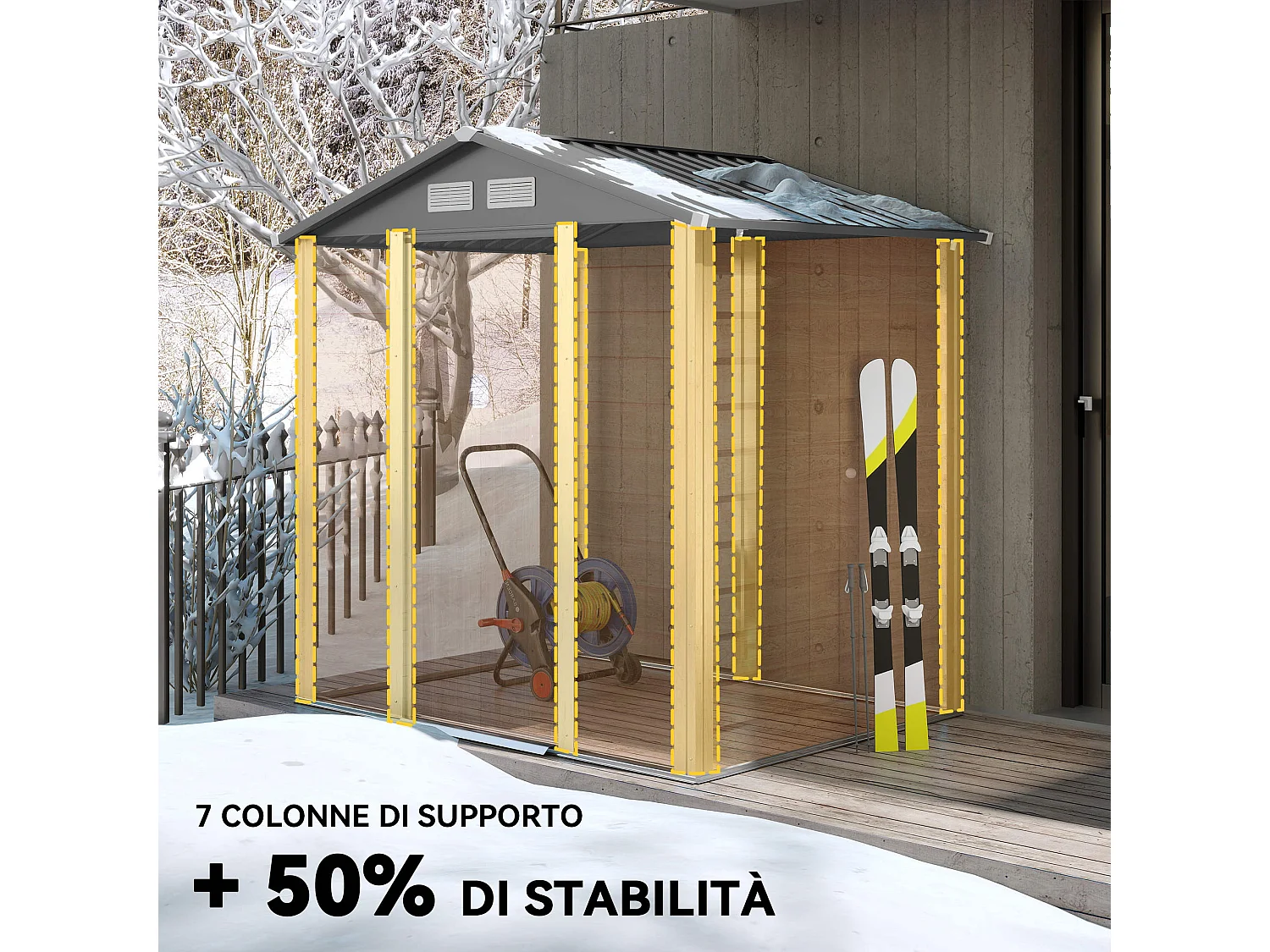 Casetta da giardino in acciaio con base 197x163x178-200cm