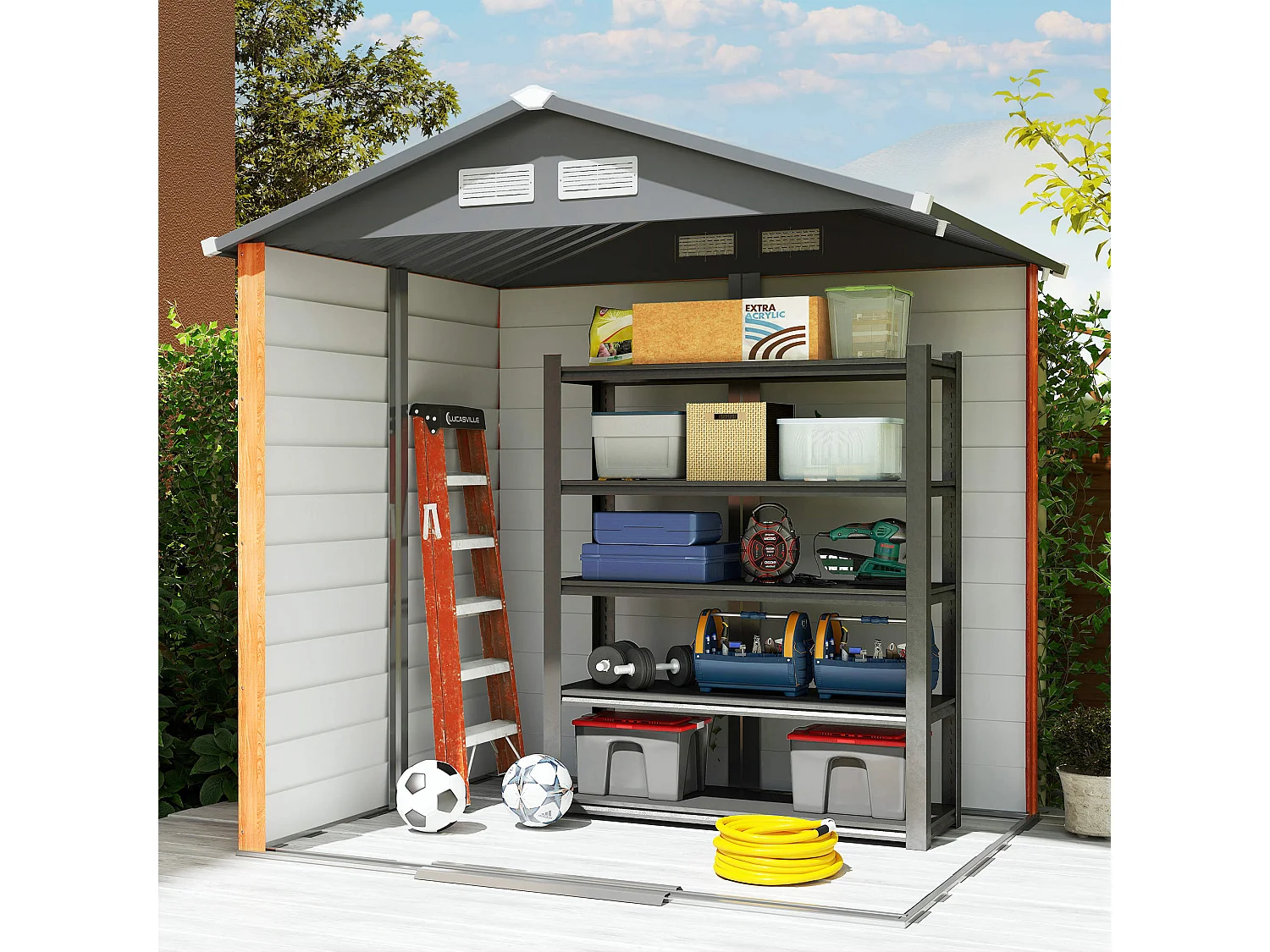 Casetta da giardino in acciaio con base 197x163x178-200cm