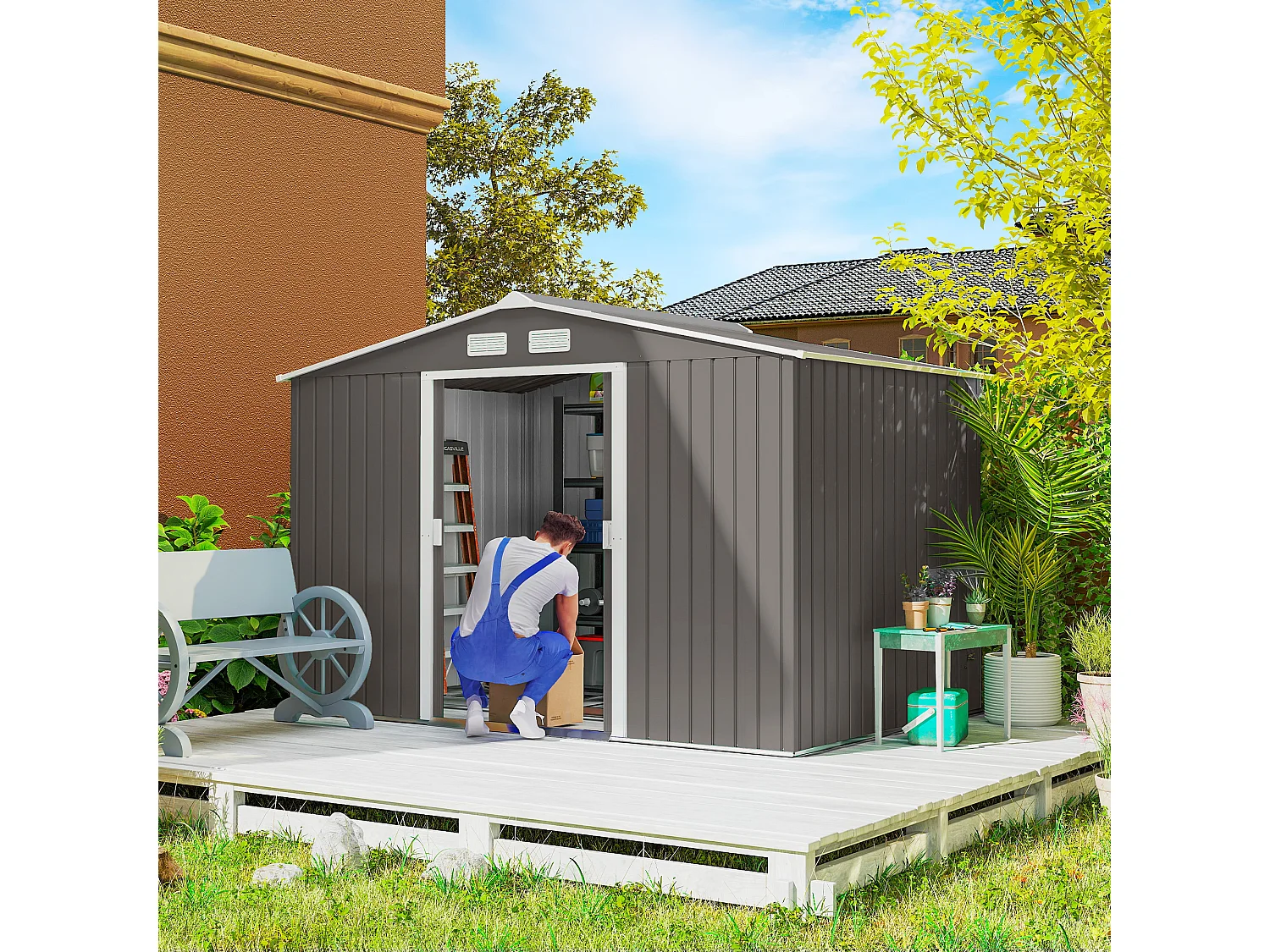 Capanno attrezzi in acciaio con porte scorrevoli 277x195x192 cm grigia