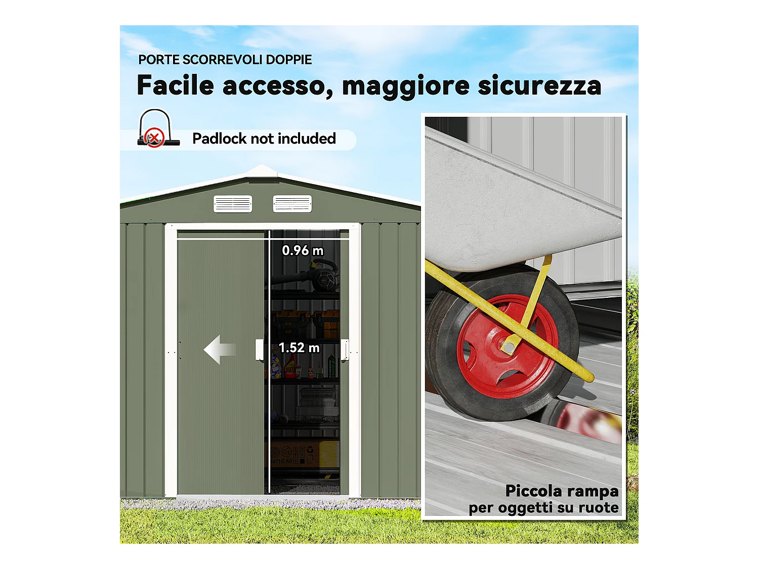 Casetta da giardino 277x195x192cm 2 porte 4 prese d'aria