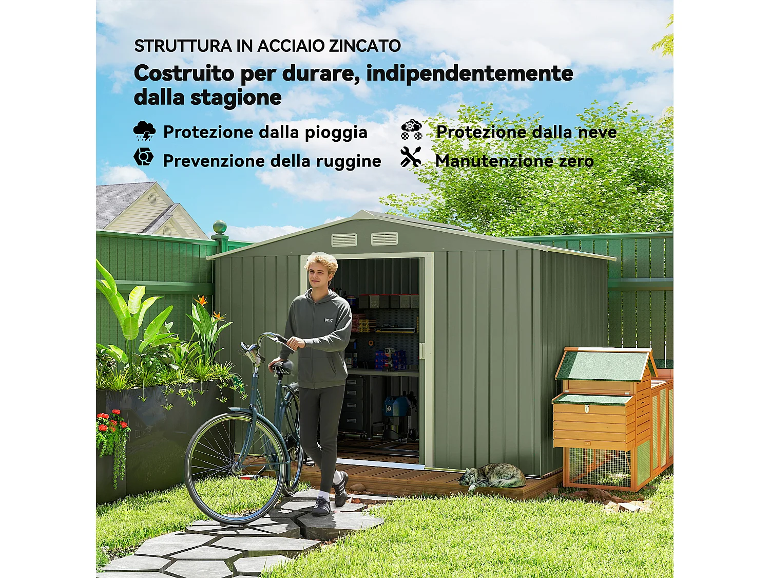 Casetta da giardino 277x195x192cm 2 porte 4 prese d'aria