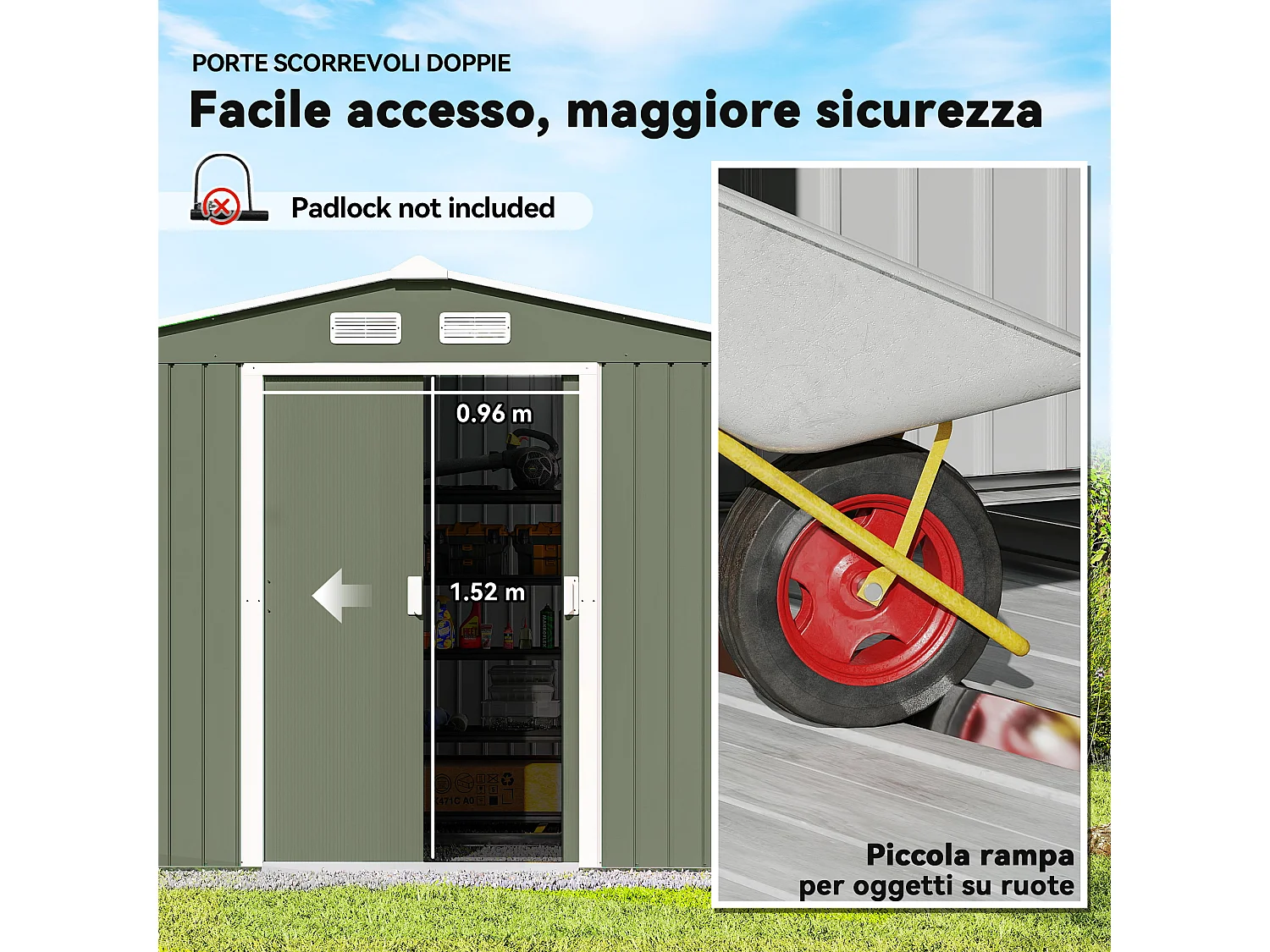 Casetta da giardino 277x195x192cm 2 porte 4 prese d'aria