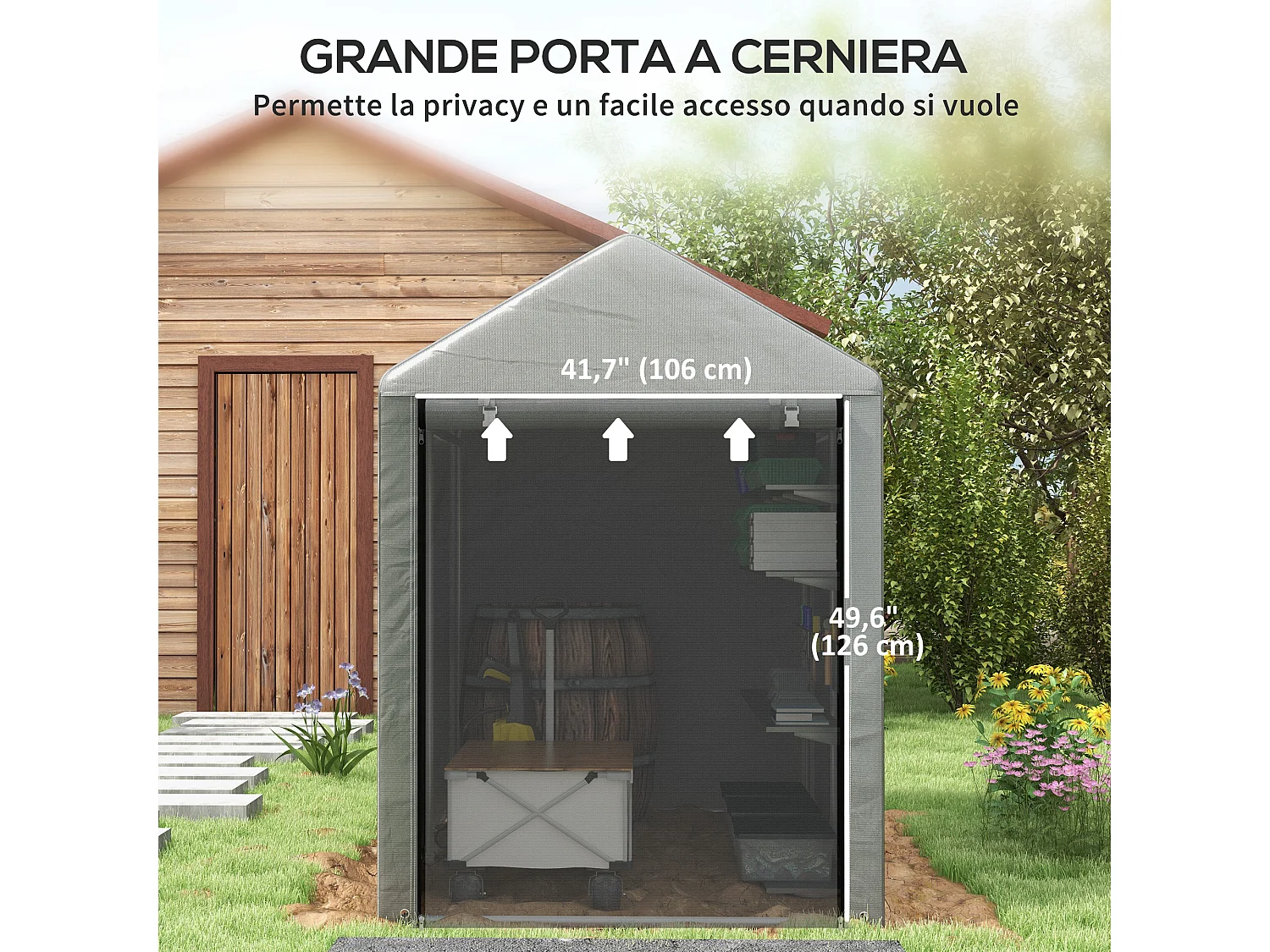 Capanno per attrezzi anti uv con porta a zip grigio chiaro