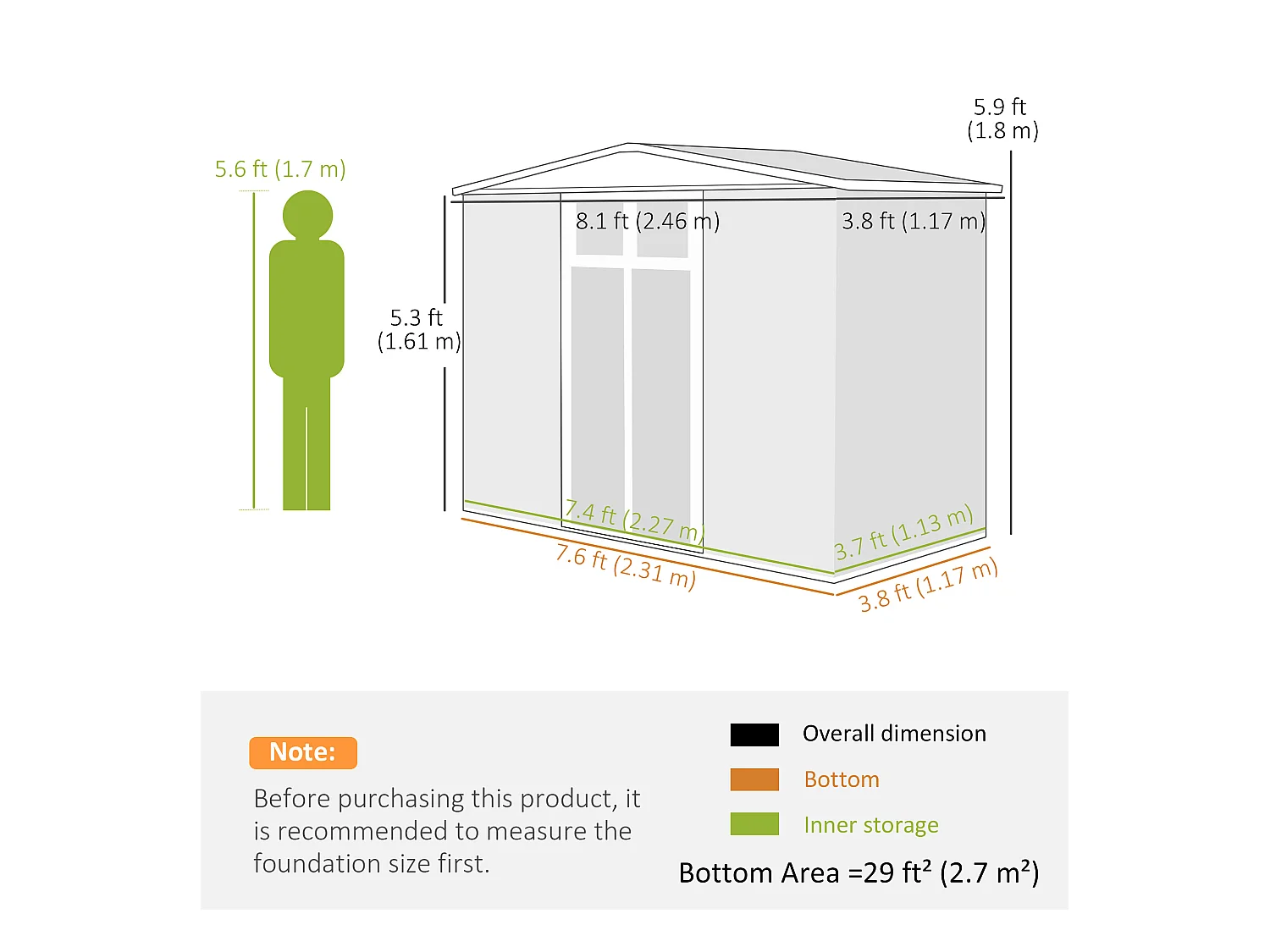 Capanno da giardino porta attrezzi con doppia porta grigio scuro