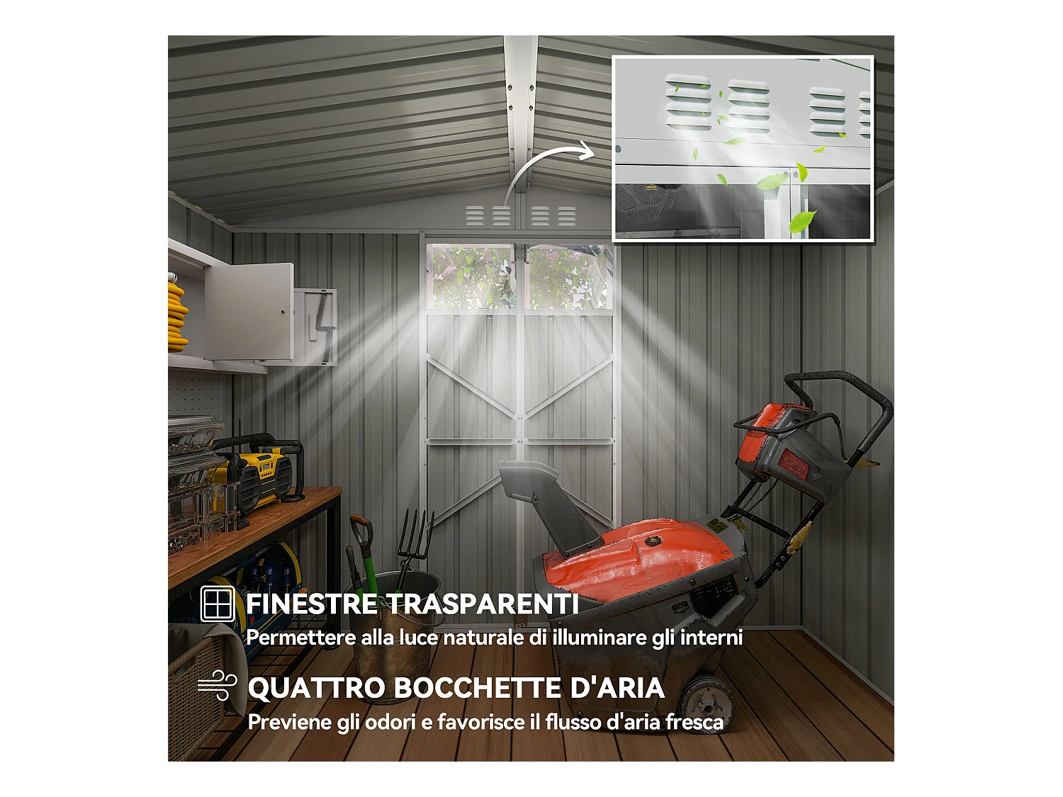 Capanno da giardino porta attrezzi con doppia porta grigio scuro