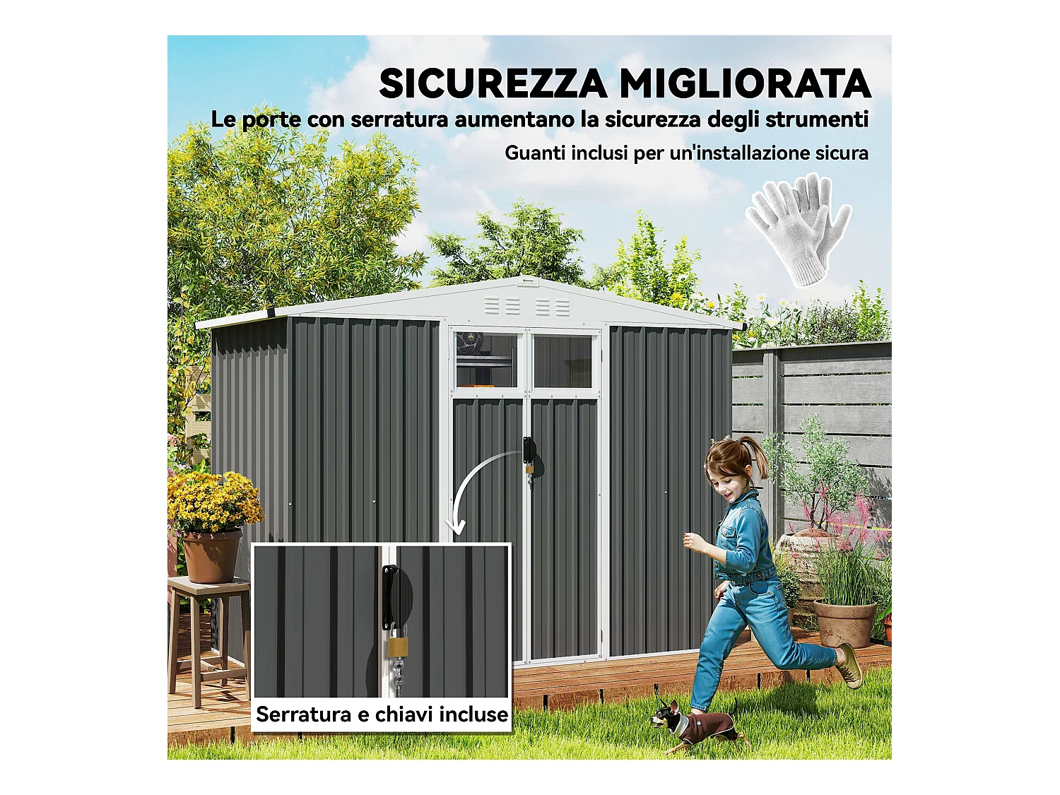 Capanno da giardino porta attrezzi con doppia porta grigio scuro