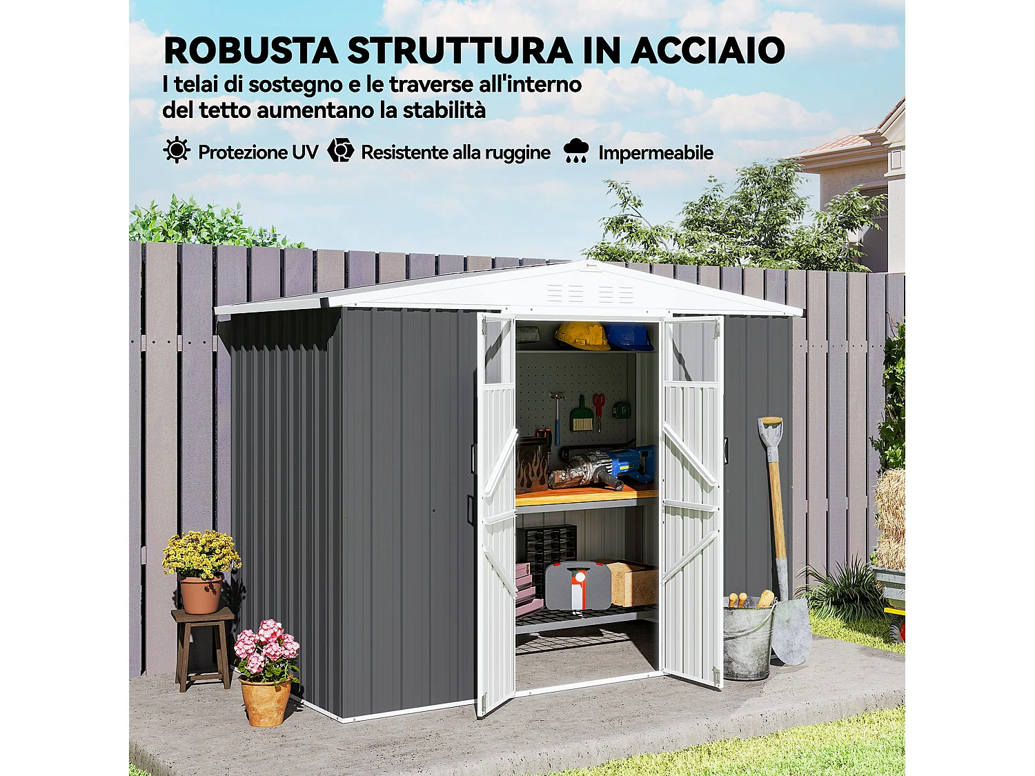 Capanno da giardino porta attrezzi con doppia porta grigio scuro