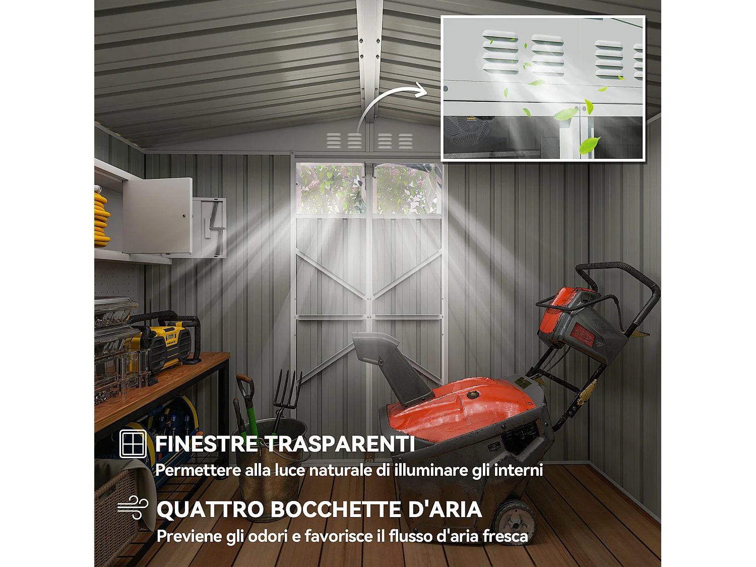 Capanno da giardino porta attrezzi con doppia porta grigio scuro