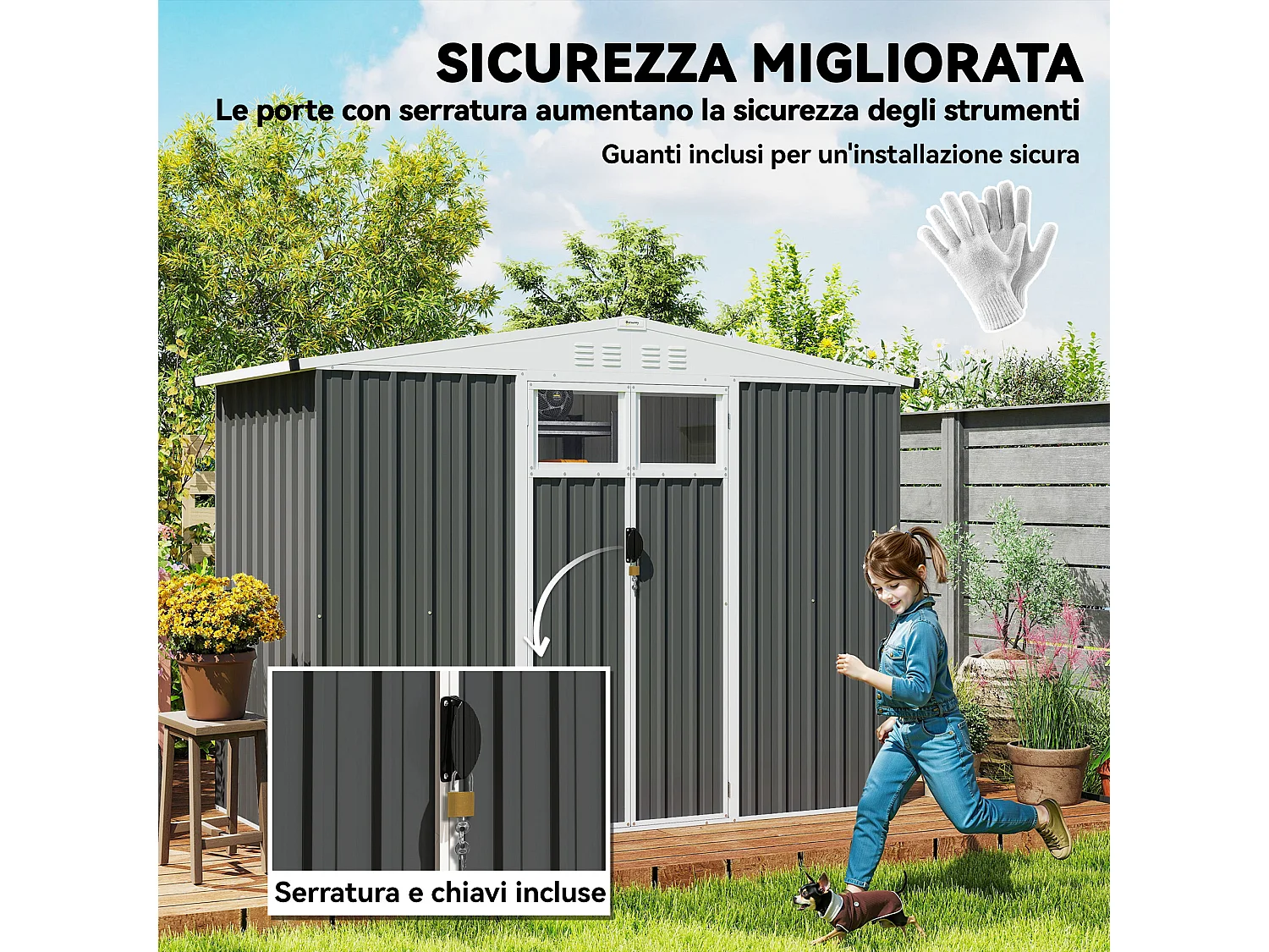 Capanno da giardino porta attrezzi con doppia porta grigio scuro