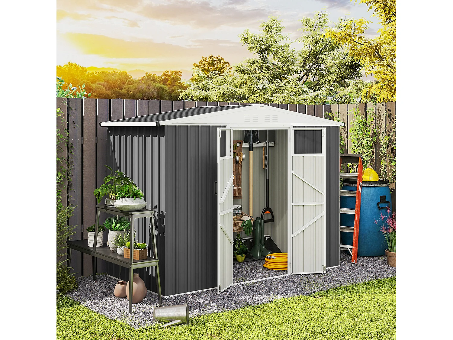 Capanno da giardino porta attrezzi con doppia porta grigio scuro