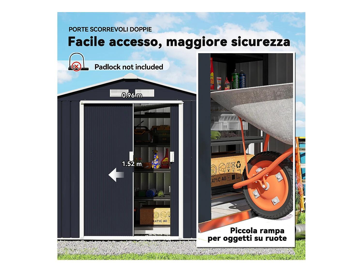 Casetta da giardino in lamiera porte scorrevoli 213x130x185cm