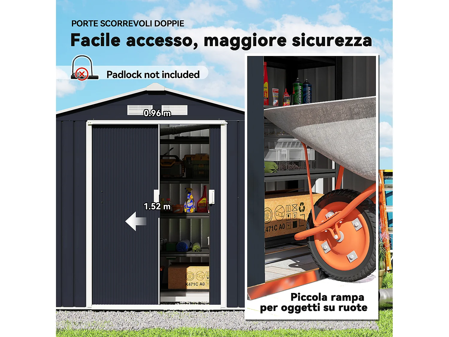 Casetta da giardino in lamiera porte scorrevoli 213x130x185cm