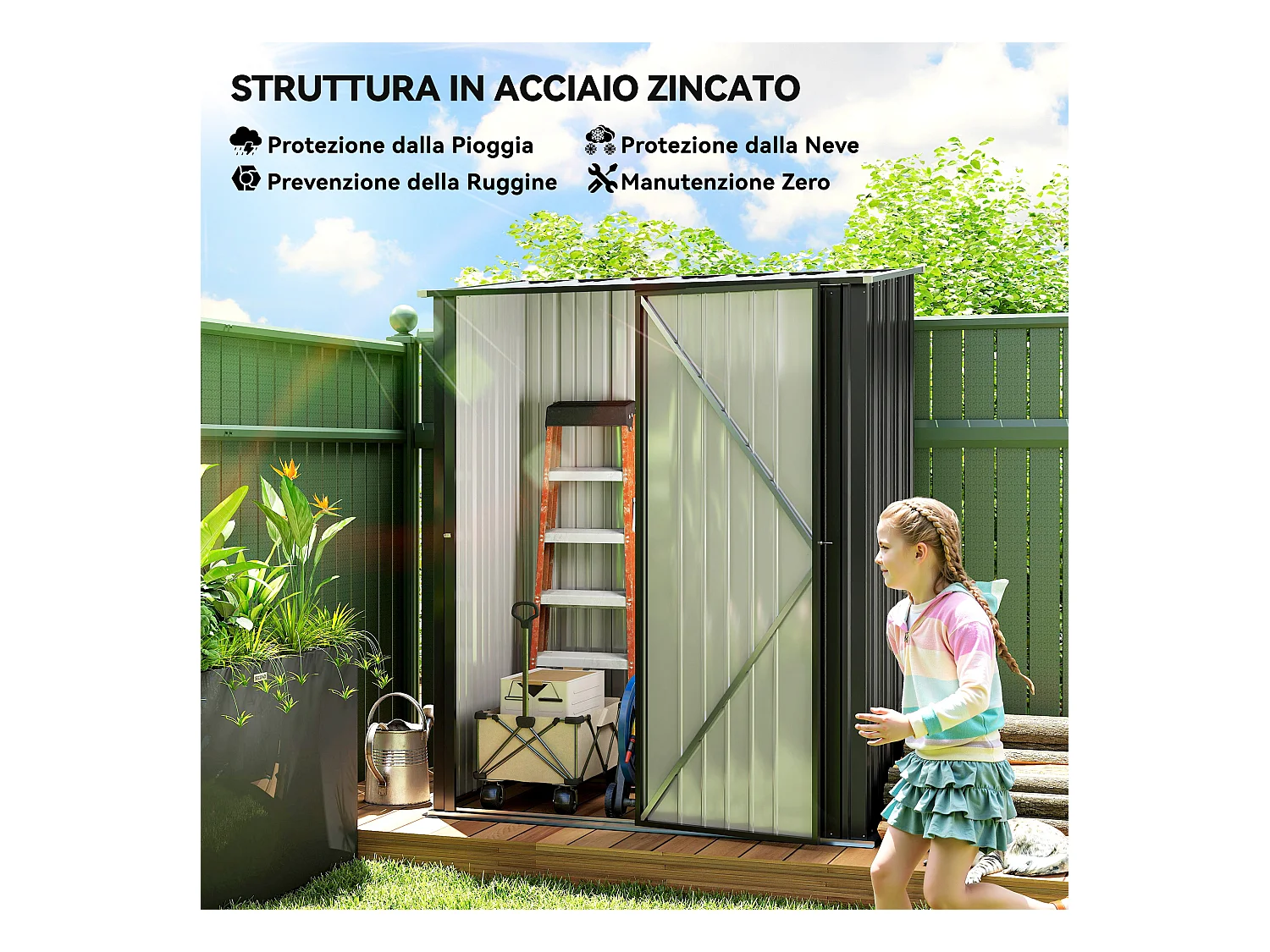 Casetta da giardino porta utensili in lamiera con serratura