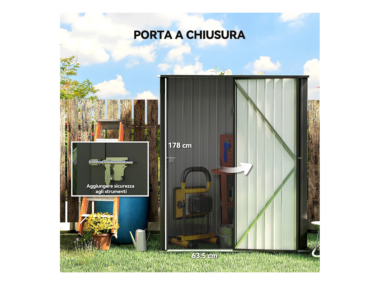 Casetta da giardino porta utensili in lamiera con serratura