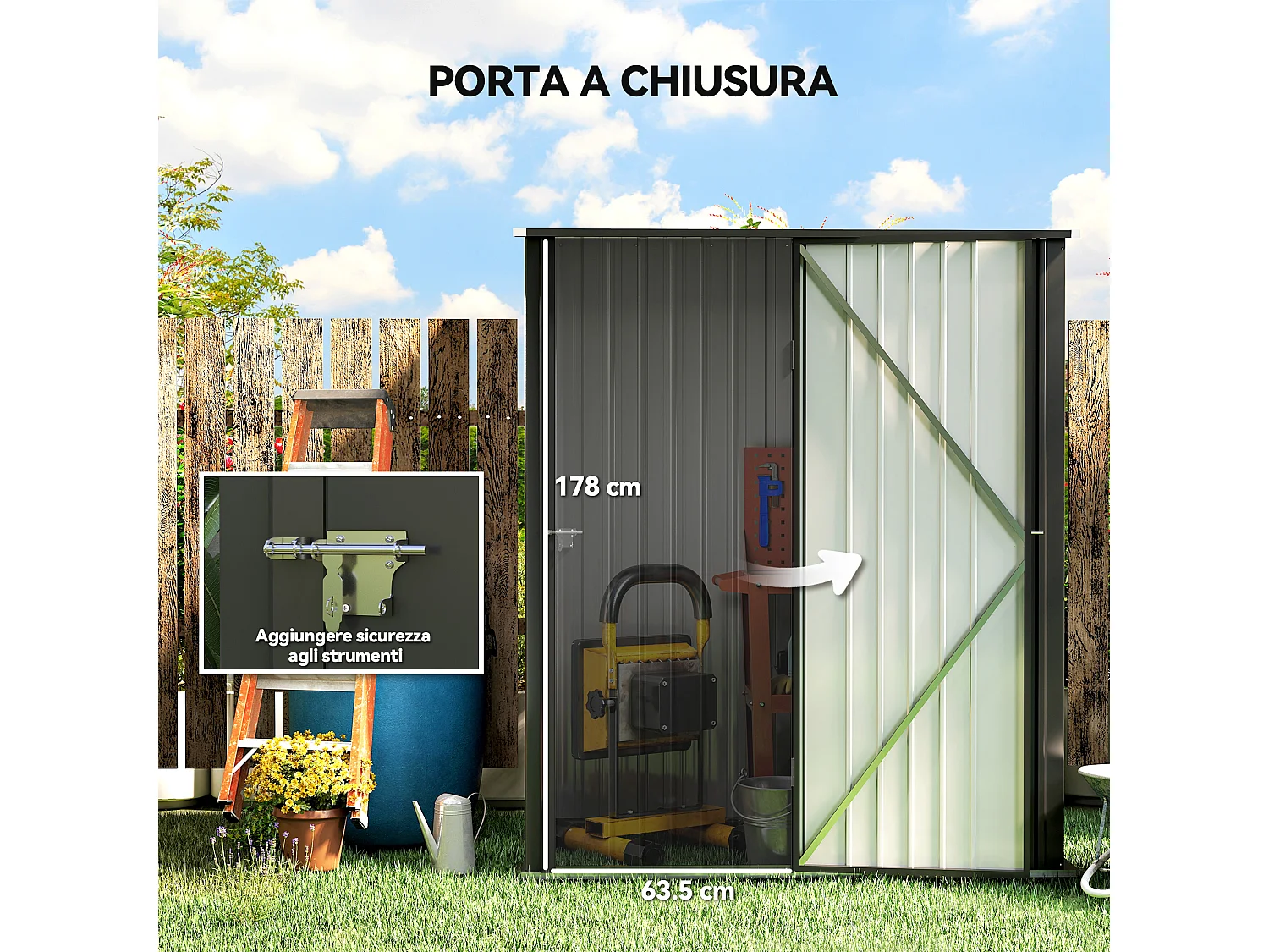 Casetta da giardino porta utensili in lamiera con serratura