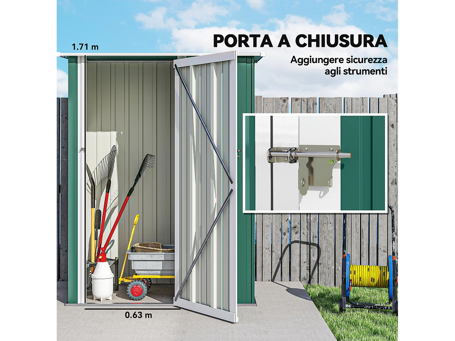 Casetta porta attrezzi acciaio impermeabile 142x84x189cm