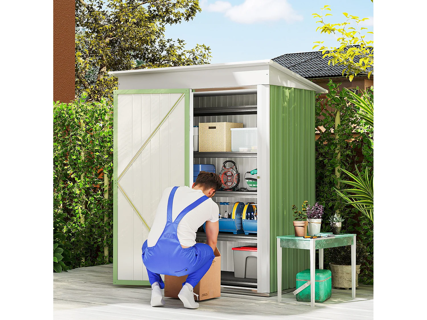 Casetta da giardino in acciaio con porta bloccabile verde