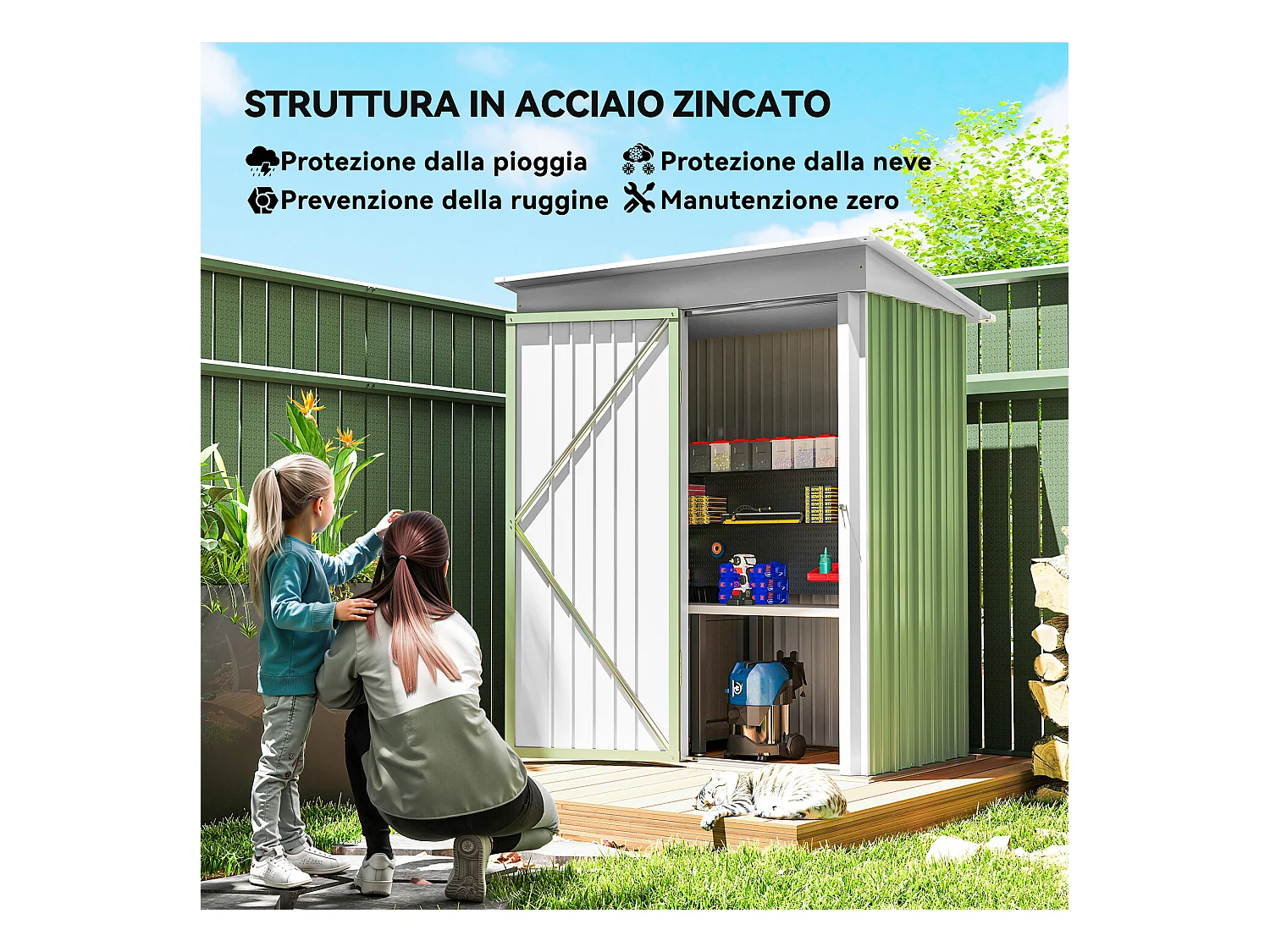 Casetta da giardino in acciaio con porta bloccabile verde