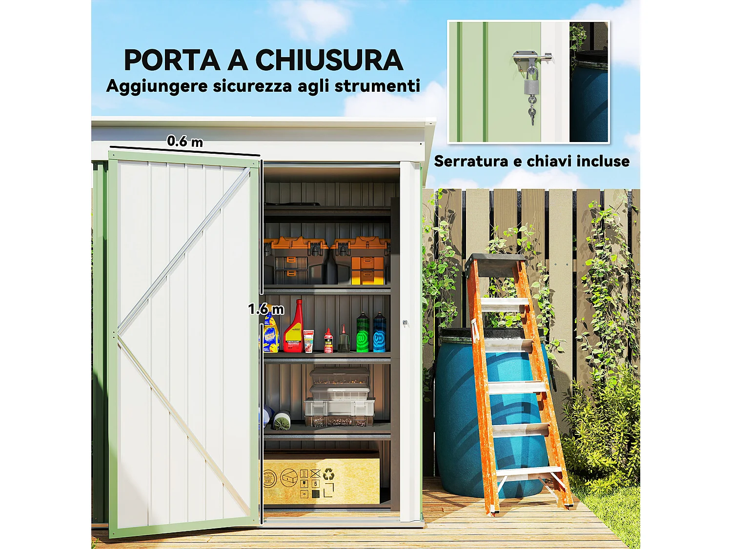Casetta da giardino in acciaio con porta bloccabile verde