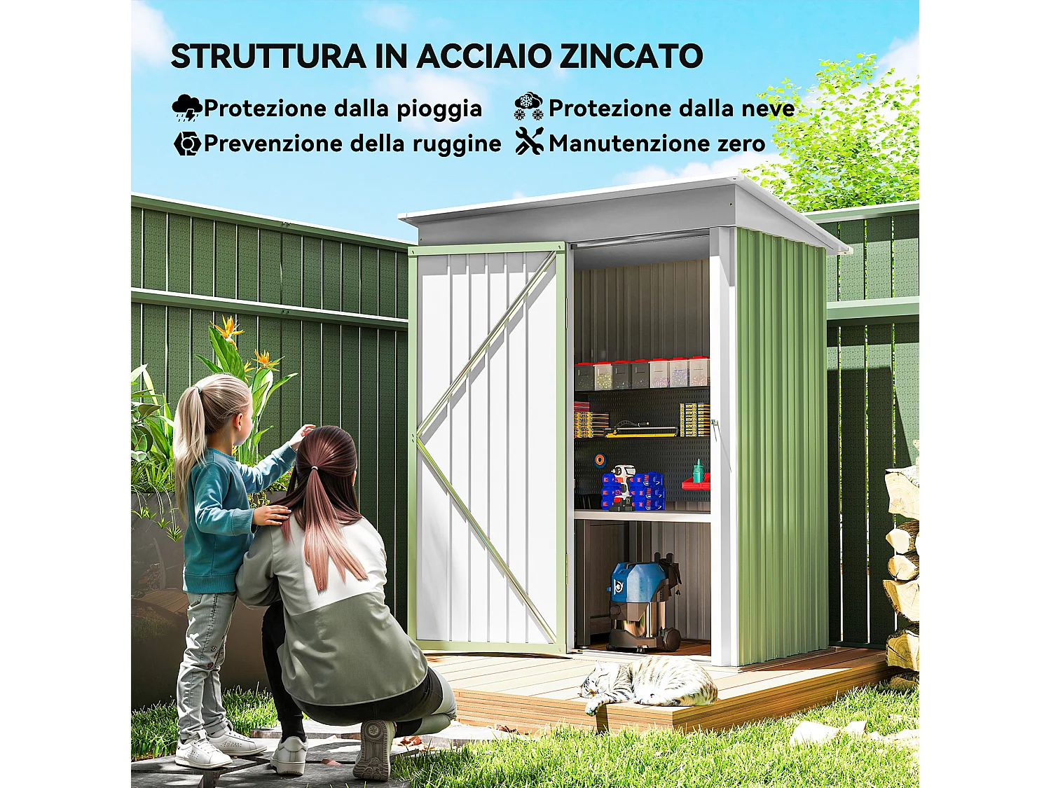 Casetta da giardino in acciaio con porta bloccabile verde