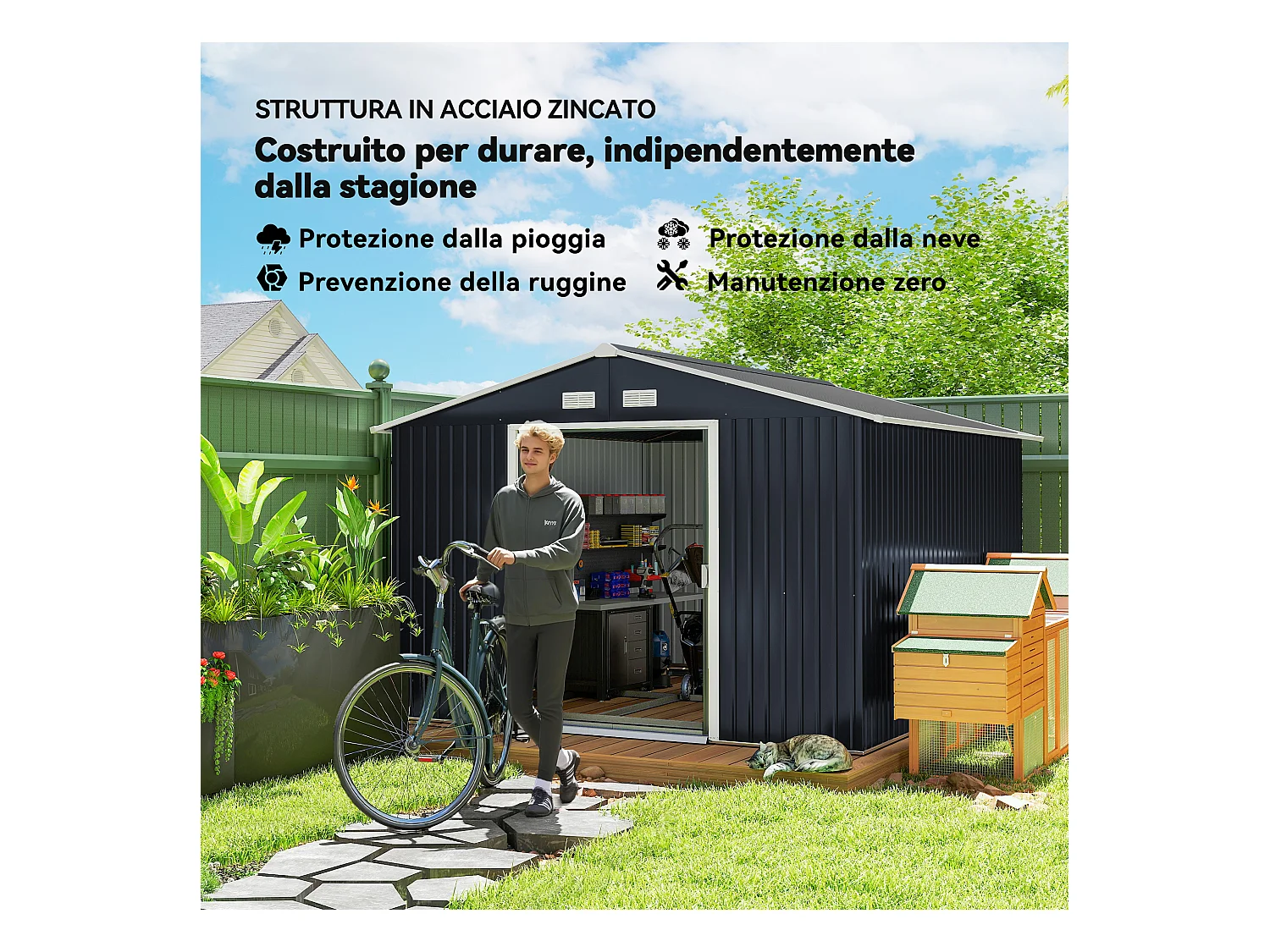 Capanno attrezzi in acciaio con 2 porte e 4 prese d'aria