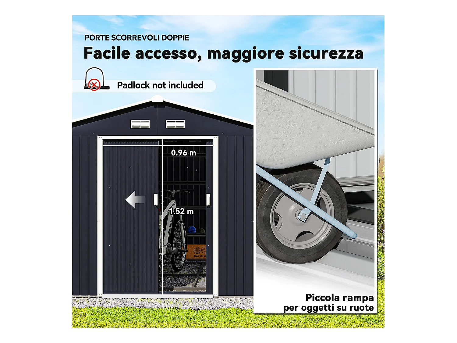 Capanno attrezzi in acciaio con 2 porte e 4 prese d'aria