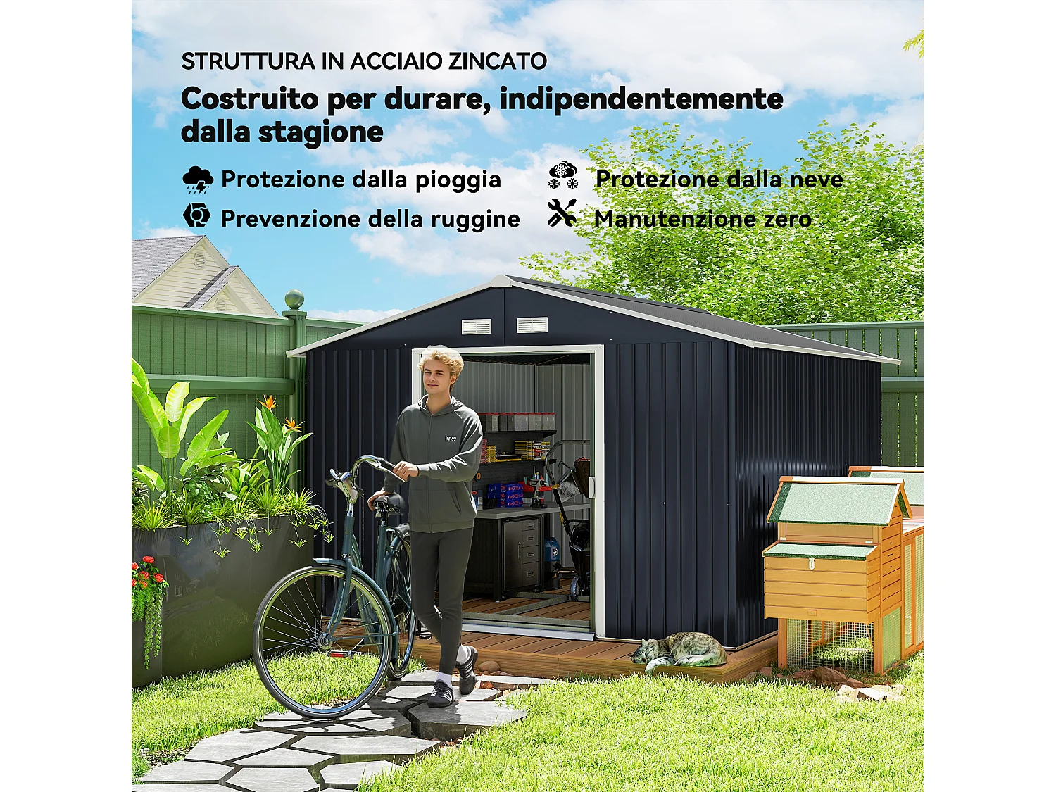 Capanno attrezzi in acciaio con 2 porte e 4 prese d'aria