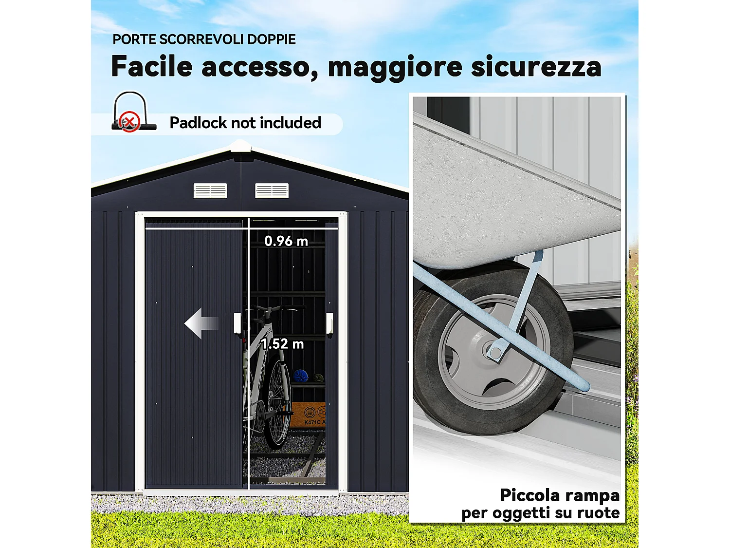 Capanno attrezzi in acciaio con 2 porte e 4 prese d'aria