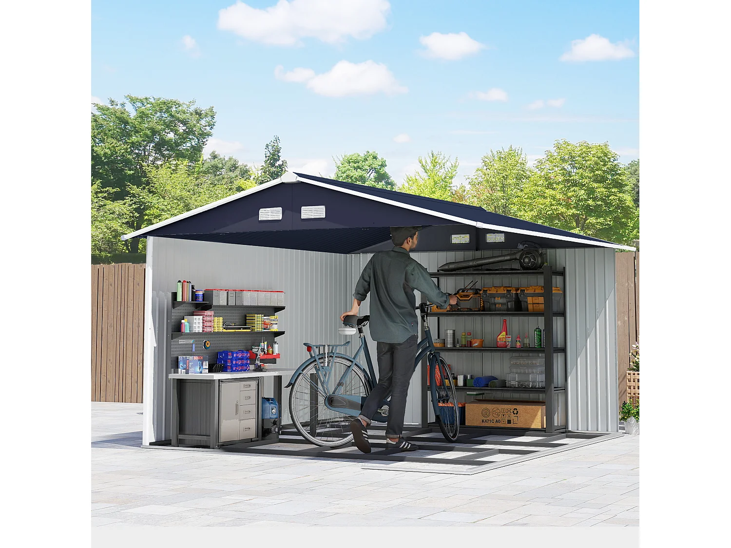 Capanno attrezzi in acciaio con 2 porte e 4 prese d'aria