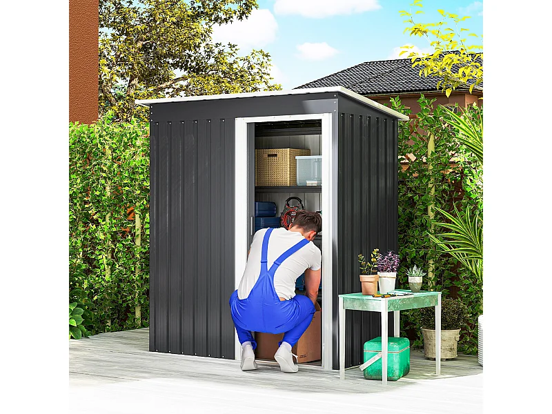 Casetta porta attrezzi con porta scorrevole in acciaio nero